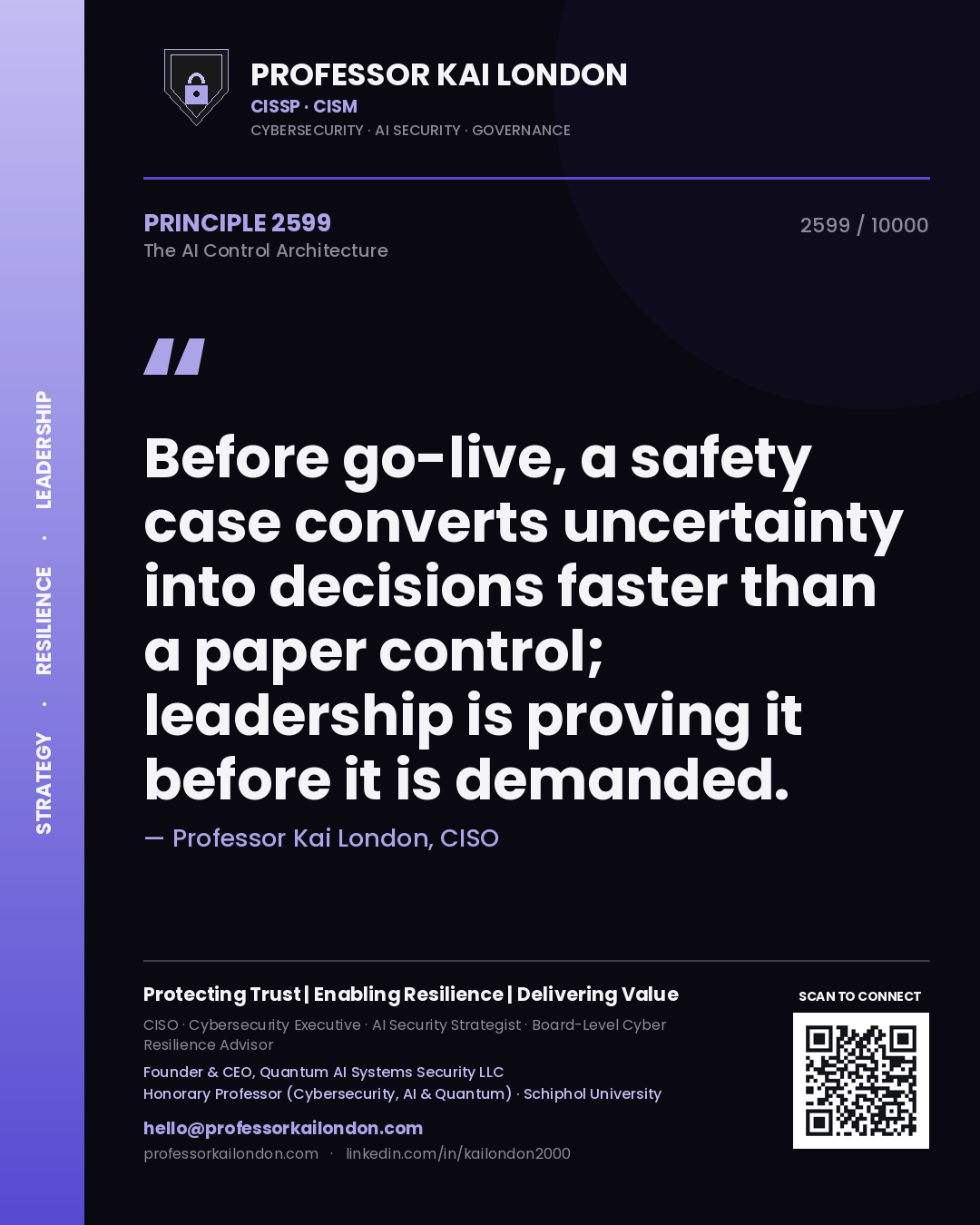 Quote card by Professor Kai London reading 'Before go-live, a safety case converts uncertainty into decisions faster than a paper control; leadership is proving it before it is demanded.'. From the book The AI Control Architecture.