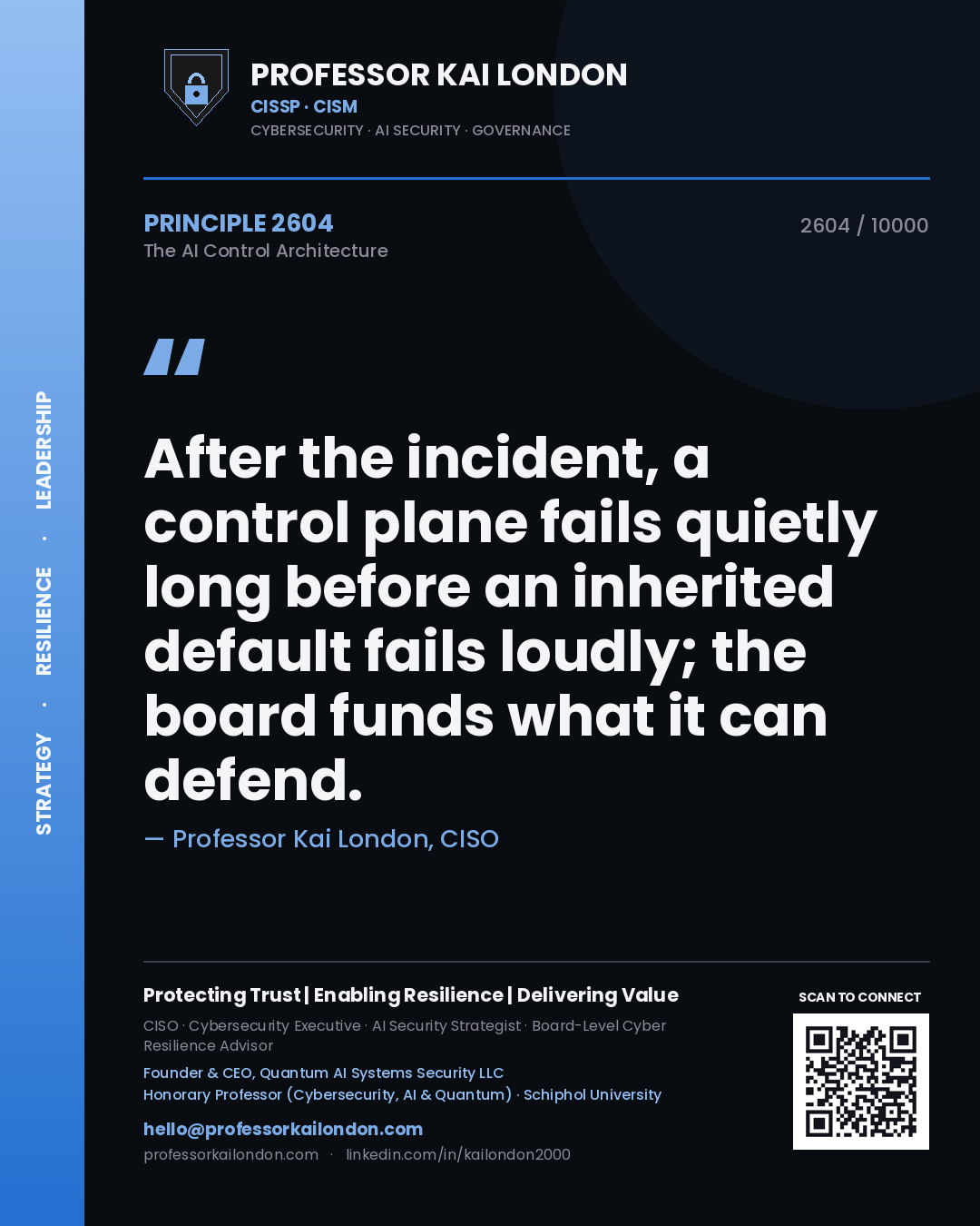 Professor Kai London principle 2604: After the incident, a control plane fails quietly long before an inherited default fails loudly; the board funds what it can defend.