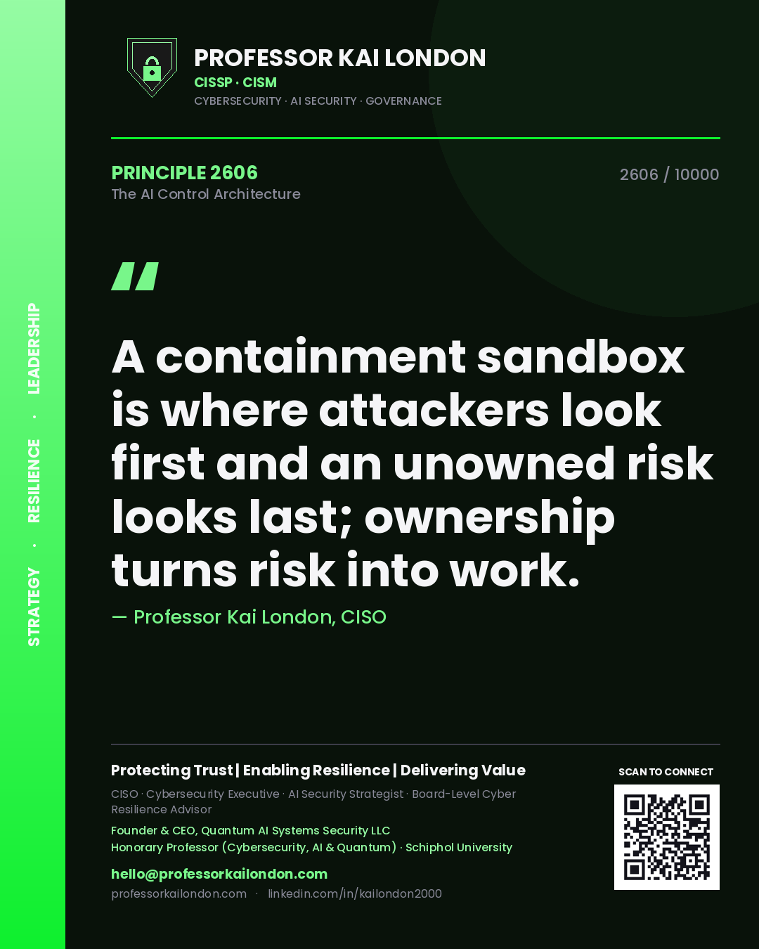 Professor Kai London principle 2606: A containment sandbox is where attackers look first and an unowned risk looks last; ownership turns risk into work.