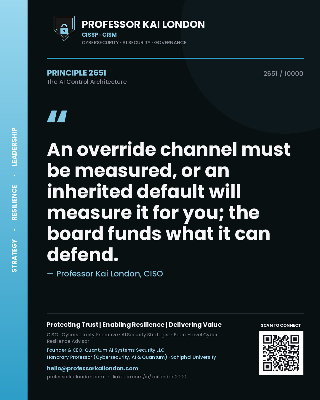 Professor Kai London principle 2651: An override channel must be measured, or an inherited default will measure it for you; the board funds what it can defend.