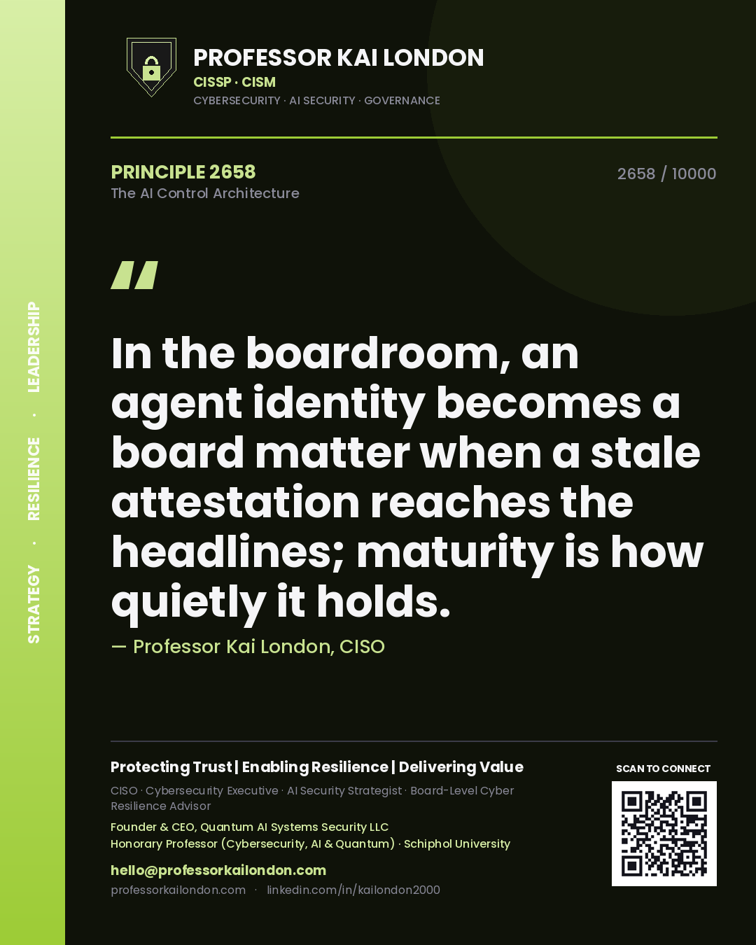 Quote card by Professor Kai London reading 'In the boardroom, an agent identity becomes a board matter when a stale attestation reaches the headlines; maturity is how quietly it holds.'. From the book The AI Control Architecture.