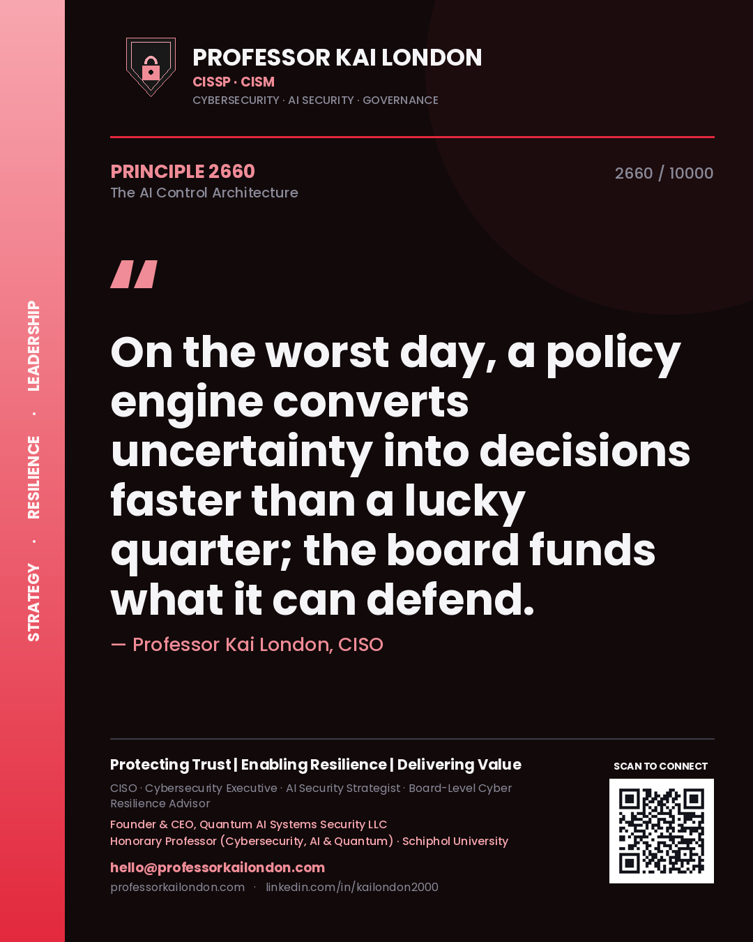 Professor Kai London principle 2660: On the worst day, a policy engine converts uncertainty into decisions faster than a lucky quarter; the board funds what it can defend.