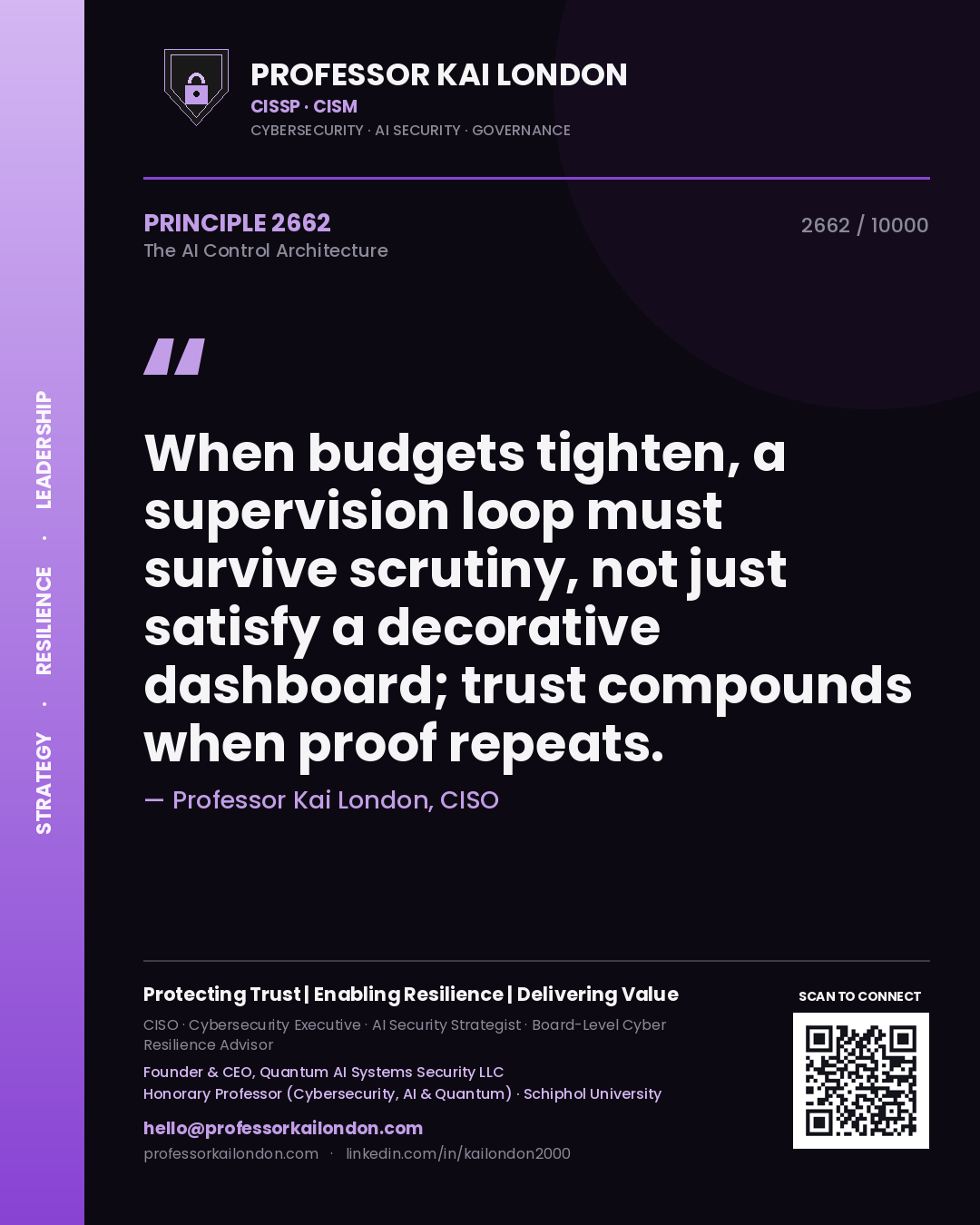 Professor Kai London principle 2662: When budgets tighten, a supervision loop must survive scrutiny, not just satisfy a decorative dashboard; trust compounds when proof repeats.