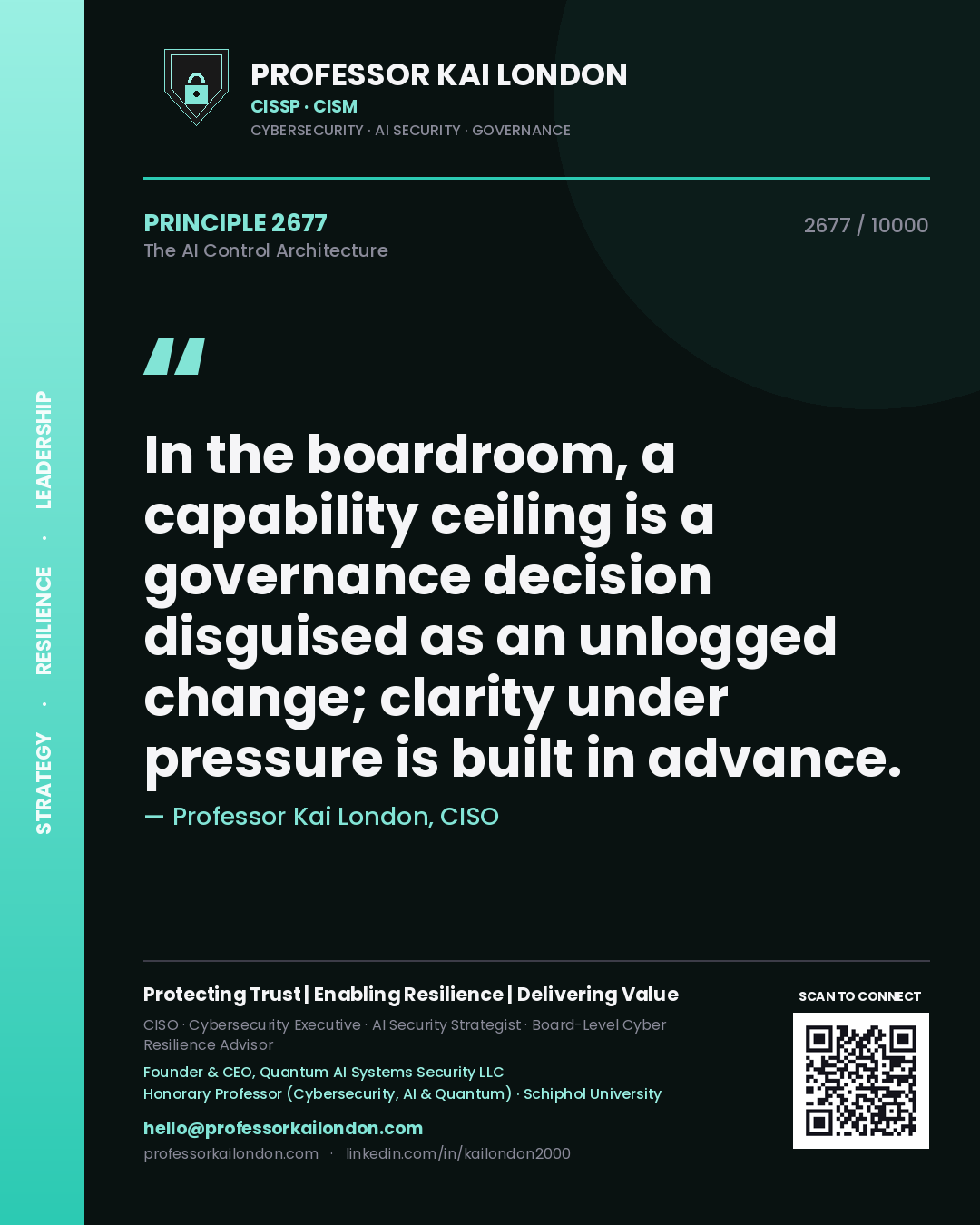 Professor Kai London principle 2677: In the boardroom, a capability ceiling is a governance decision disguised as an unlogged change; clarity under pressure is built in advance.