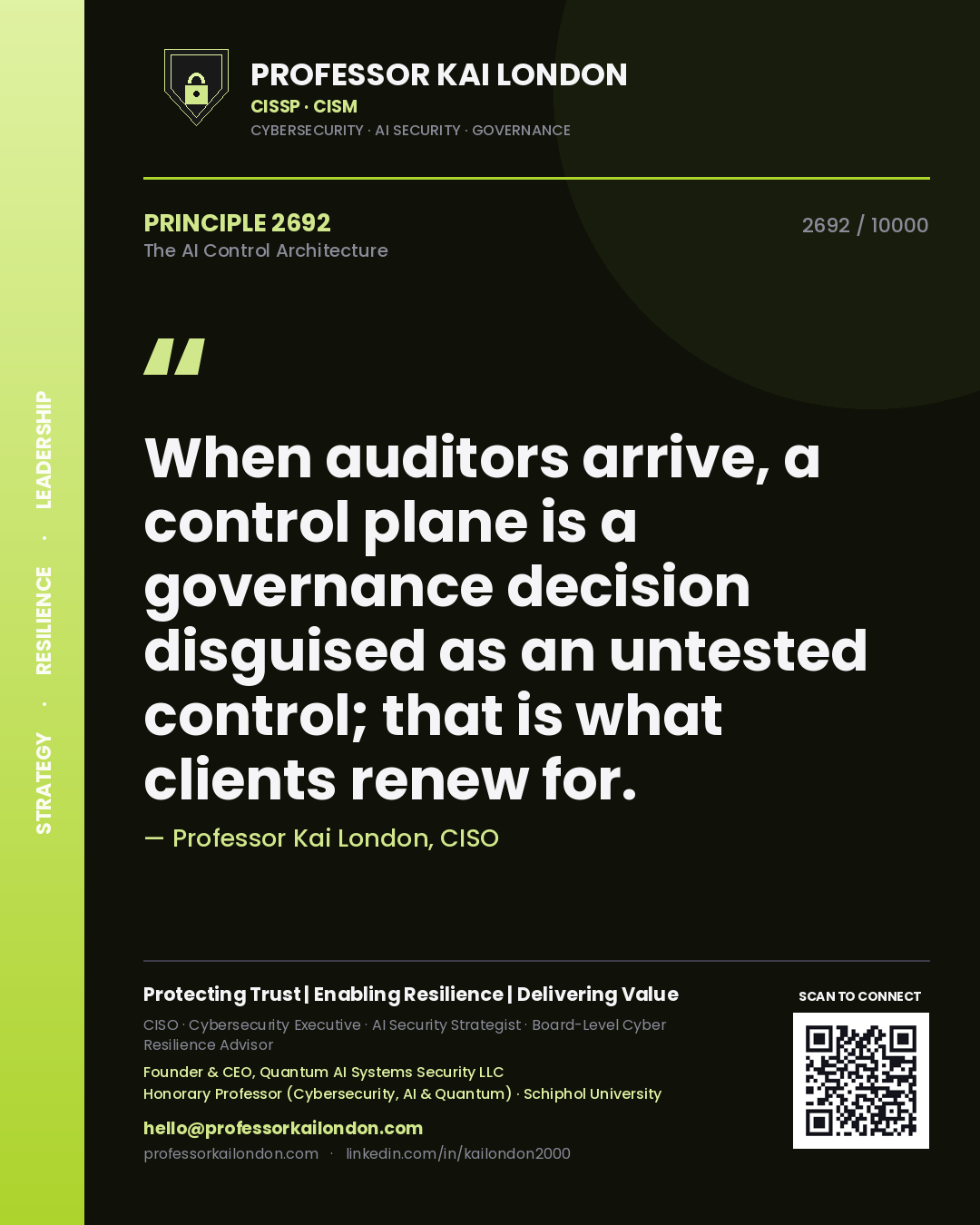 Quote card by Professor Kai London reading 'When auditors arrive, a control plane is a governance decision disguised as an untested control; that is what clients renew for.'. From the book The AI Control Architecture.