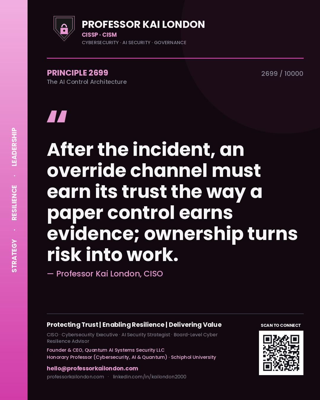 Professor Kai London principle 2699: After the incident, an override channel must earn its trust the way a paper control earns evidence; ownership turns risk into work.