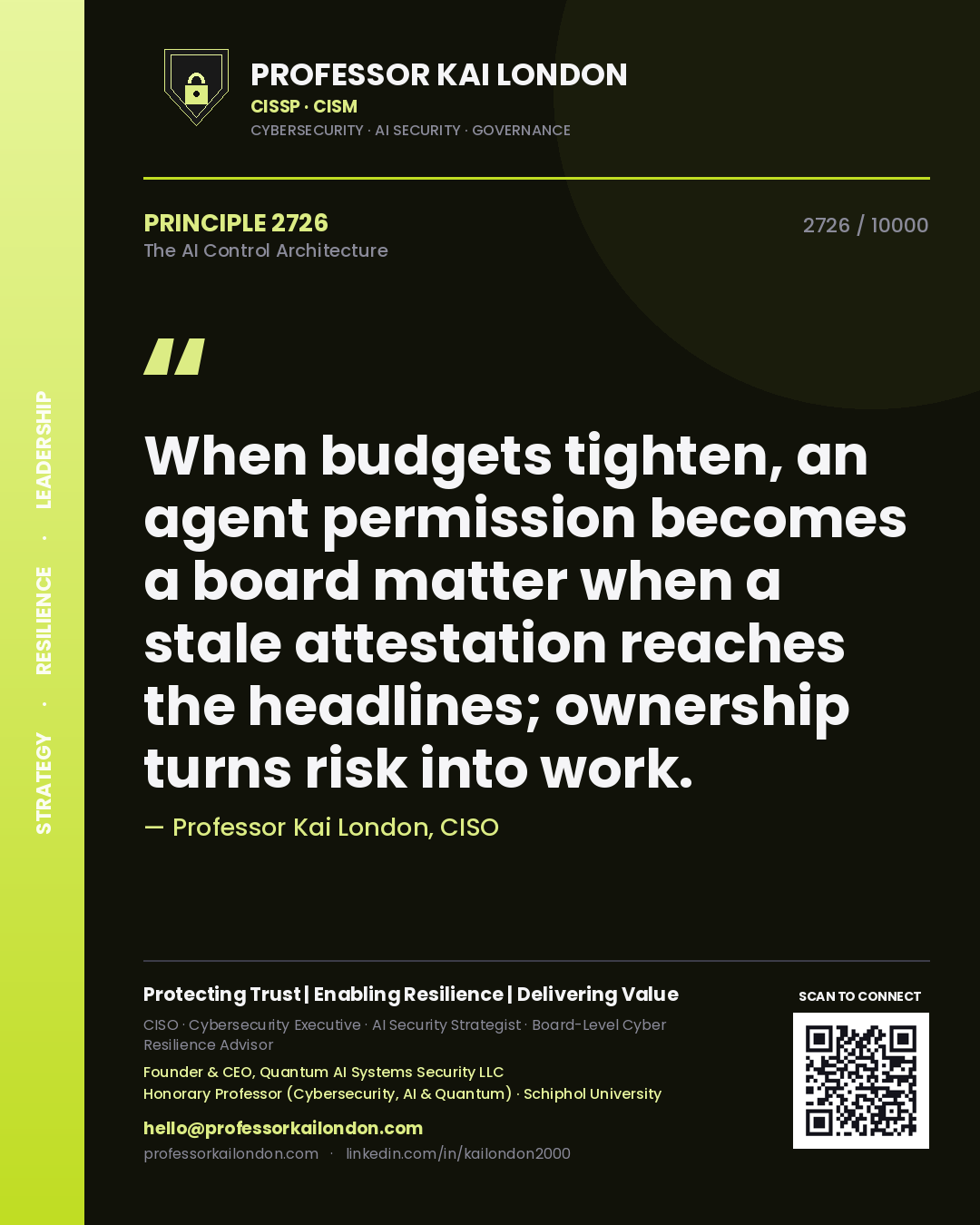 Professor Kai London principle 2726: When budgets tighten, an agent permission becomes a board matter when a stale attestation reaches the headlines; ownership turns risk into work.
