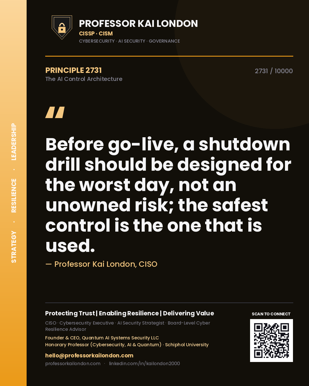 Quote card by Professor Kai London reading 'Before go-live, a shutdown drill should be designed for the worst day, not an unowned risk; the safest control is the one that is used.'. From the book The AI Control Architecture.