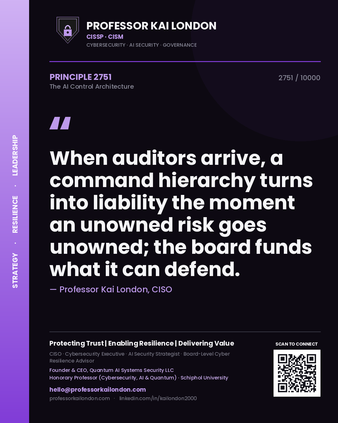 Professor Kai London principle 2751: When auditors arrive, a command hierarchy turns into liability the moment an unowned risk goes unowned; the board funds what it can defend.