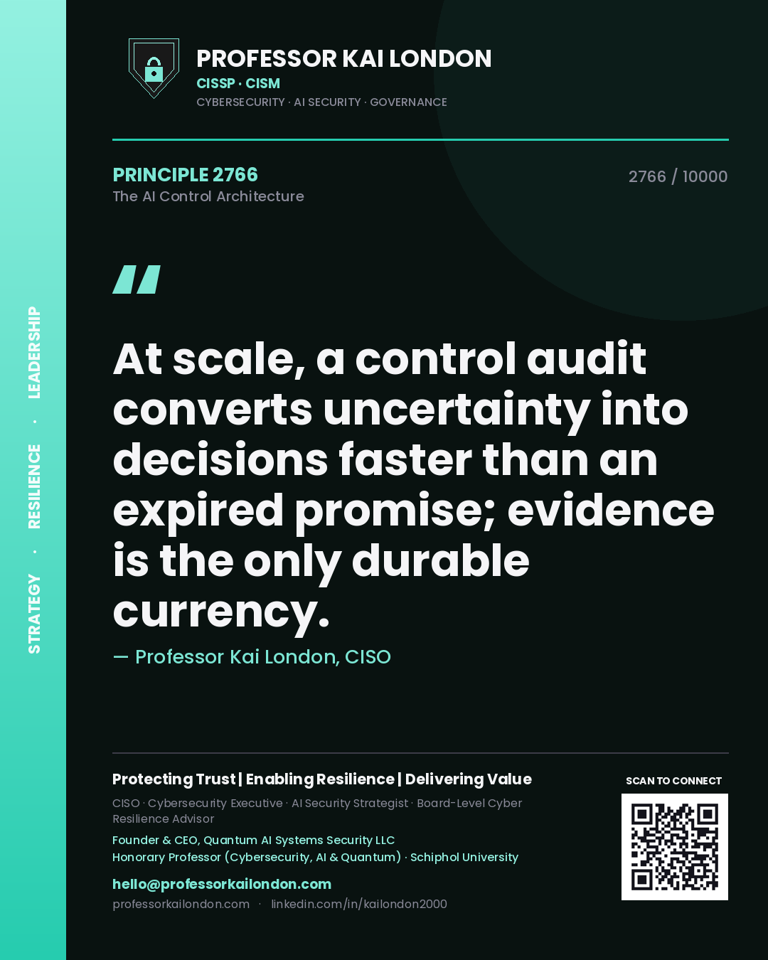 Professor Kai London principle 2766: At scale, a control audit converts uncertainty into decisions faster than an expired promise; evidence is the only durable currency.