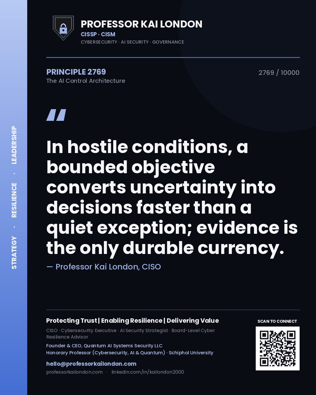 Quote card by Professor Kai London reading 'In hostile conditions, a bounded objective converts uncertainty into decisions faster than a quiet exception; evidence is the only durable currency.'. From the book The AI Control Architecture.