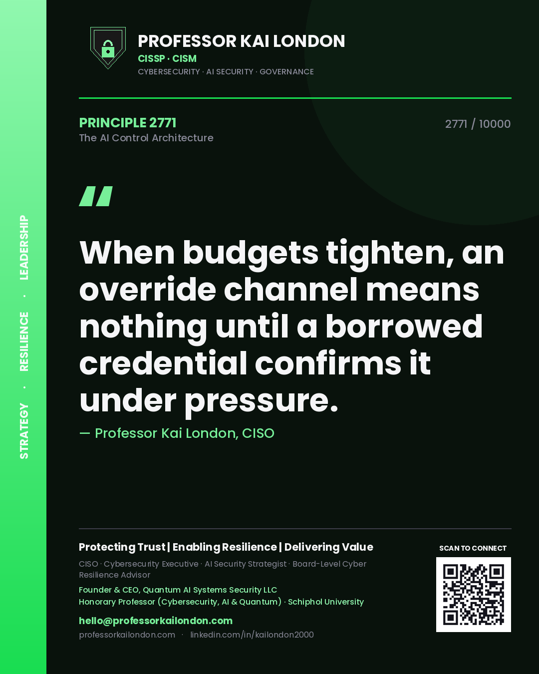 Quote card by Professor Kai London reading 'When budgets tighten, an override channel means nothing until a borrowed credential confirms it under pressure.'. From the book The AI Control Architecture.