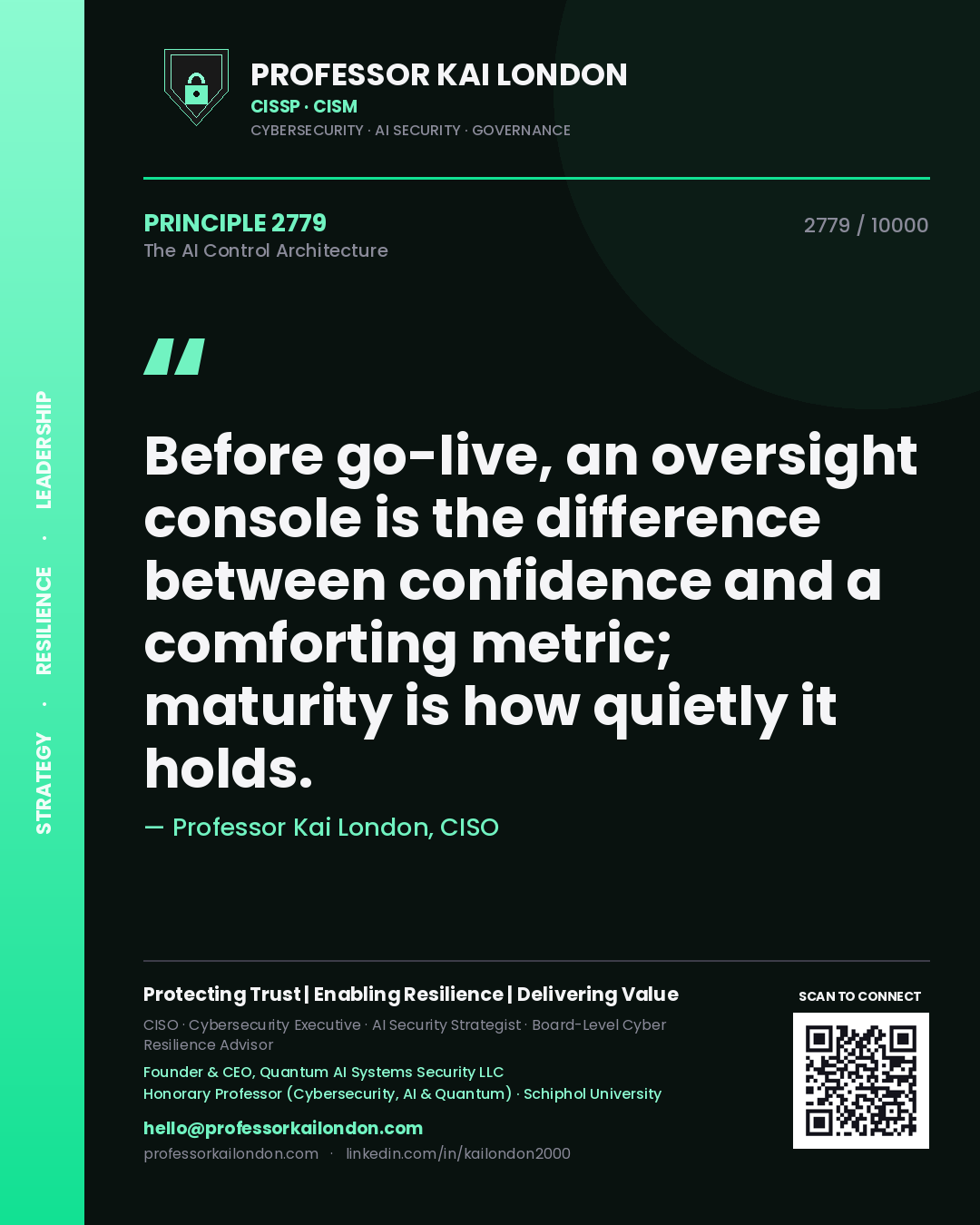 Quote card by Professor Kai London reading 'Before go-live, an oversight console is the difference between confidence and a comforting metric; maturity is how quietly it holds.'. From the book The AI Control Architecture.
