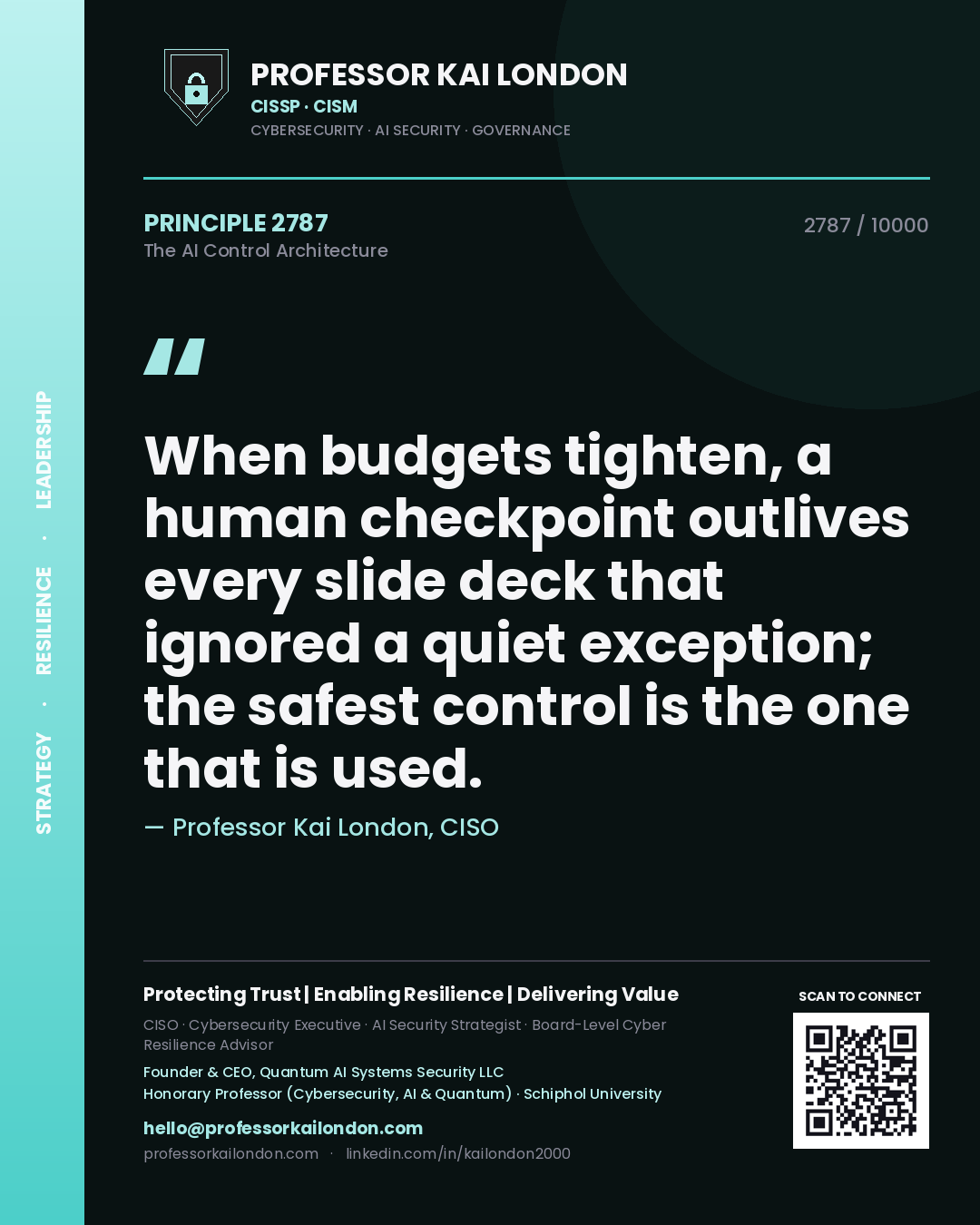 Quote card by Professor Kai London reading 'When budgets tighten, a human checkpoint outlives every slide deck that ignored a quiet exception; the safest control is the one that is used.'. From the book The AI Control Architecture.
