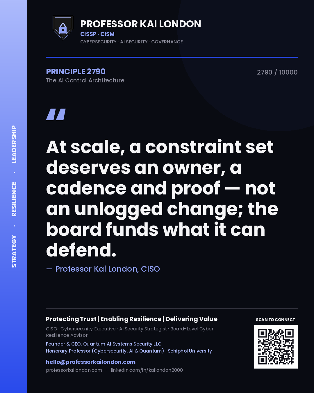 Professor Kai London principle 2790: At scale, a constraint set deserves an owner, a cadence and proof — not an unlogged change; the board funds what it can defend.