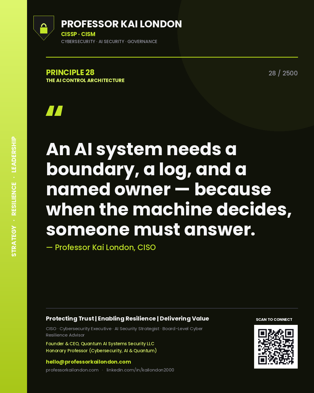 Professor Kai London principle 28: An AI system needs a boundary, a log, and a named owner — because when the machine decides, someone must answer.