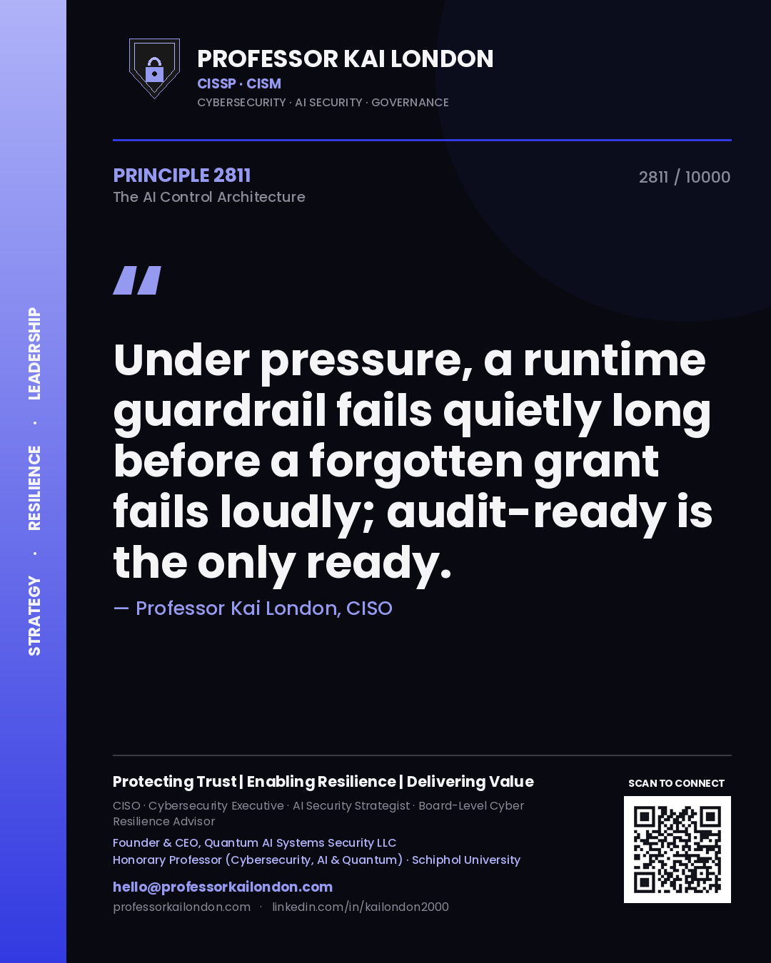 Professor Kai London principle 2811: Under pressure, a runtime guardrail fails quietly long before a forgotten grant fails loudly; audit-ready is the only ready.