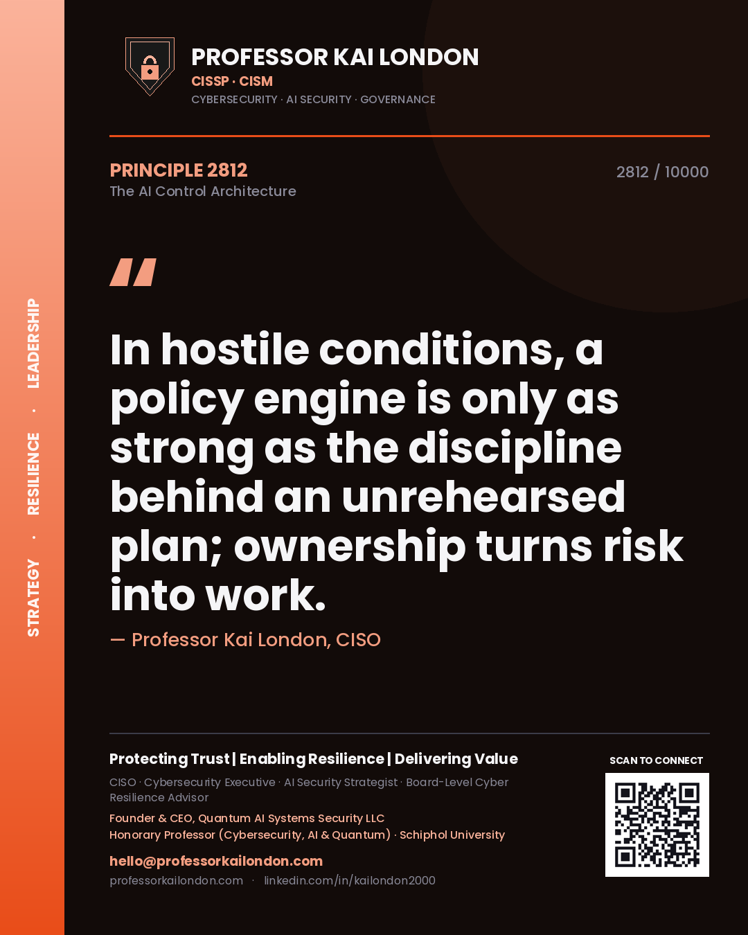 Quote card by Professor Kai London reading 'In hostile conditions, a policy engine is only as strong as the discipline behind an unrehearsed plan; ownership turns risk into work.'. From the book The AI Control Architecture.