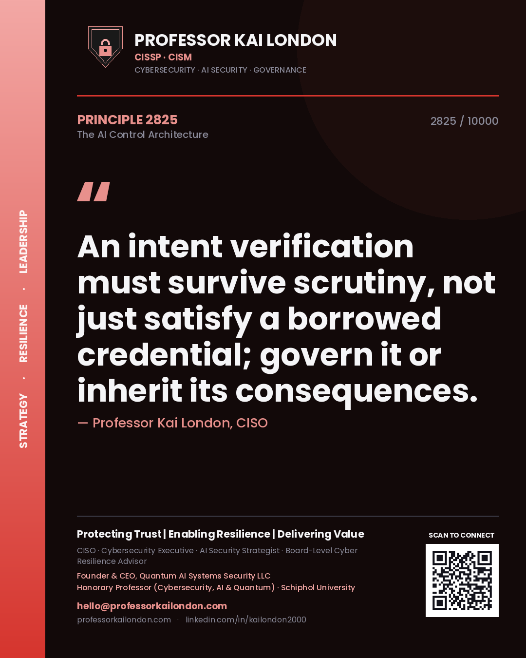 Quote card by Professor Kai London reading 'An intent verification must survive scrutiny, not just satisfy a borrowed credential; govern it or inherit its consequences.'. From the book The AI Control Architecture.