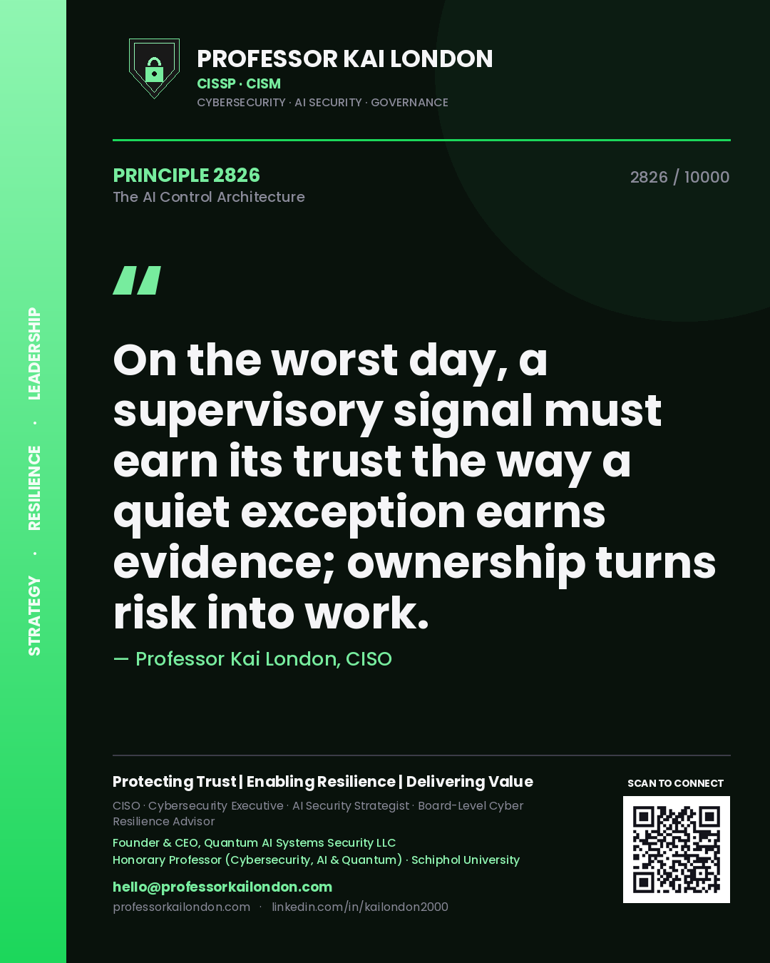 Quote card by Professor Kai London reading 'On the worst day, a supervisory signal must earn its trust the way a quiet exception earns evidence; ownership turns risk into work.'. From the book The AI Control Architecture.