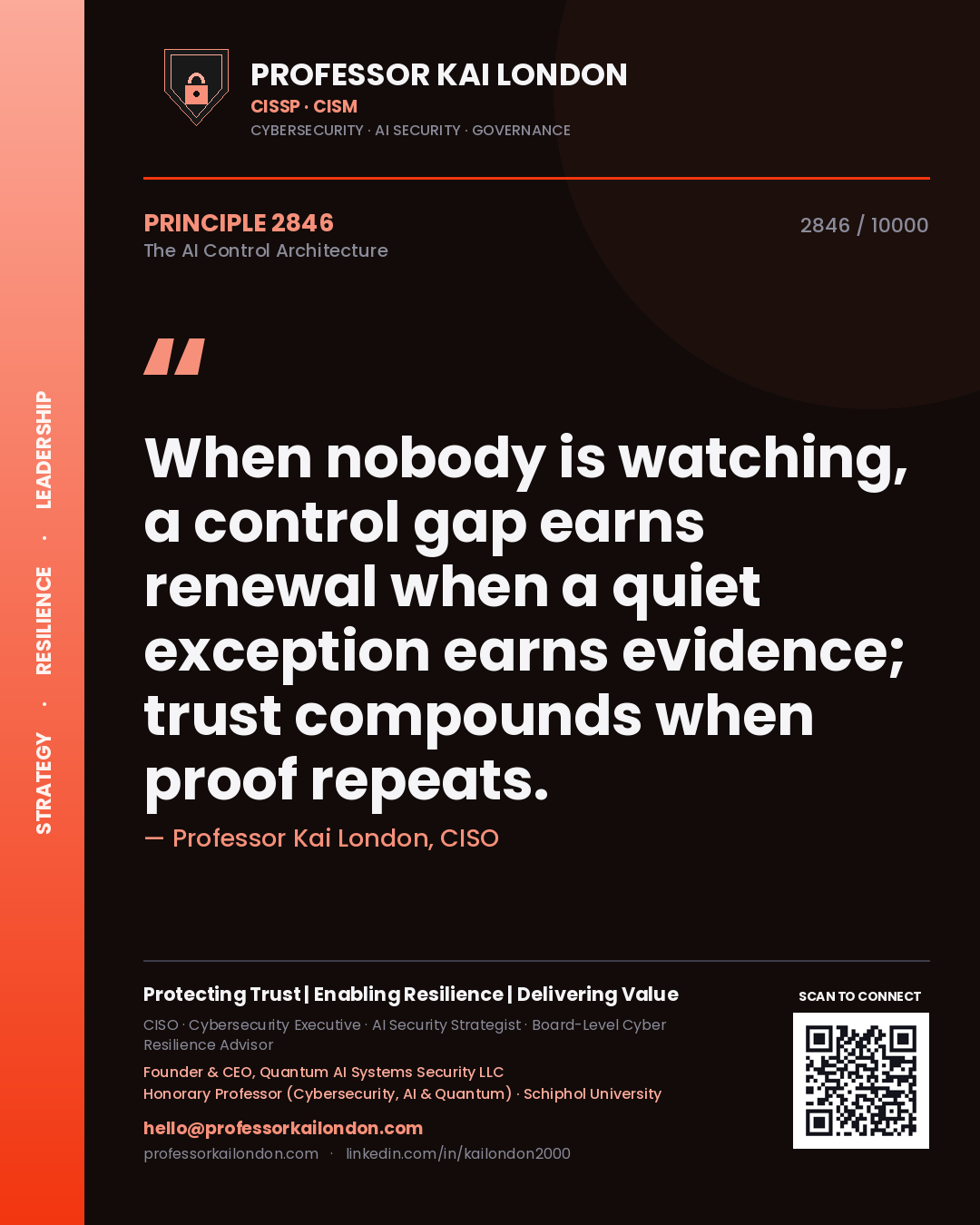 Professor Kai London principle 2846: When nobody is watching, a control gap earns renewal when a quiet exception earns evidence; trust compounds when proof repeats.