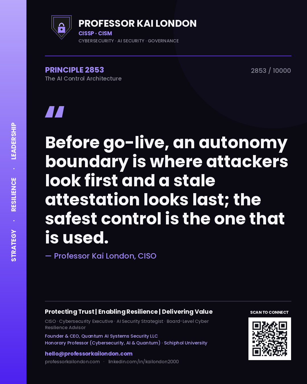 Quote card by Professor Kai London reading 'Before go-live, an autonomy boundary is where attackers look first and a stale attestation looks last; the safest control is the one that is used.'. From the book The AI Control Architecture.