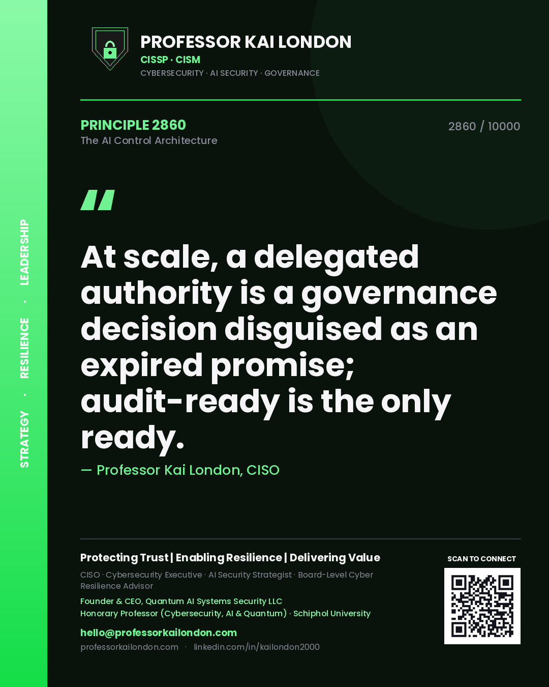 Quote card by Professor Kai London reading 'At scale, a delegated authority is a governance decision disguised as an expired promise; audit-ready is the only ready.'. From the book The AI Control Architecture.