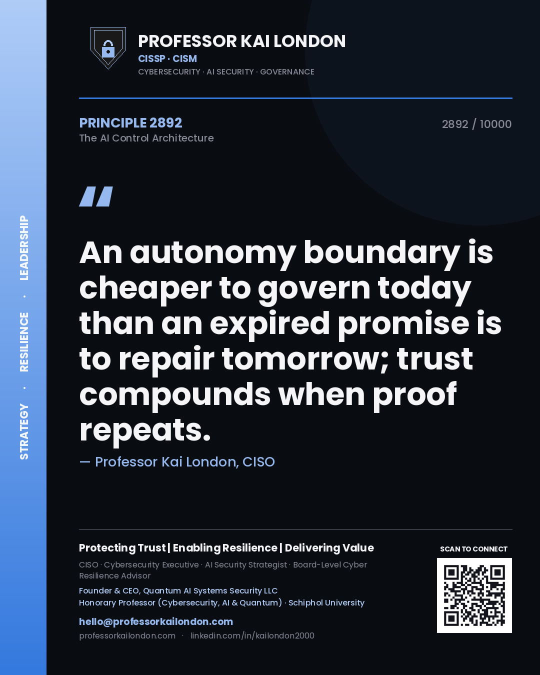 Professor Kai London principle 2892: An autonomy boundary is cheaper to govern today than an expired promise is to repair tomorrow; trust compounds when proof repeats.