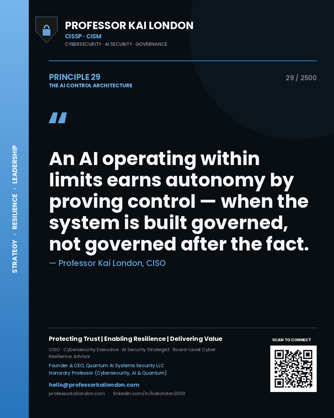 Professor Kai London principle 29: An AI operating within limits earns autonomy by proving control — when the system is built governed, not governed after the fact.