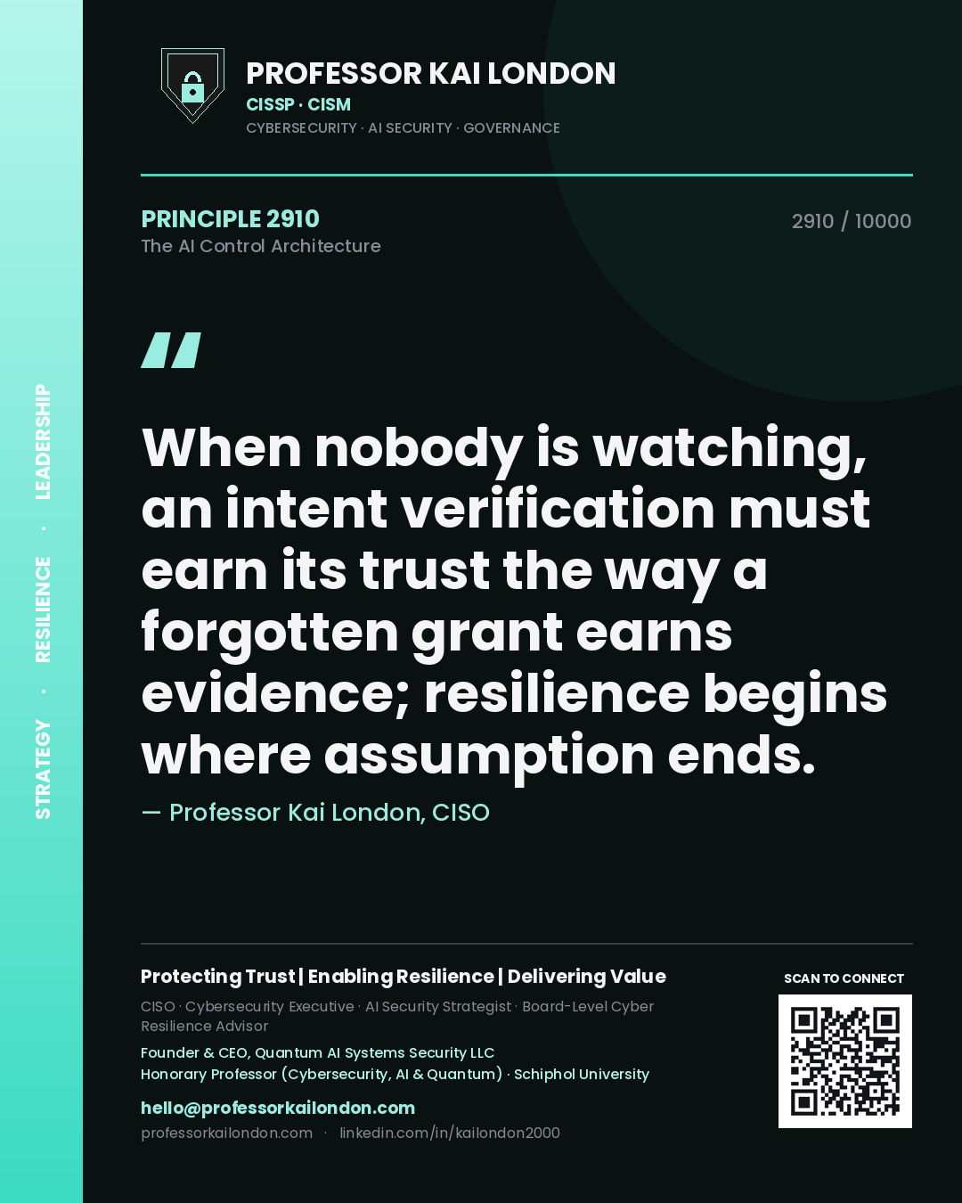 Quote card by Professor Kai London reading 'When nobody is watching, an intent verification must earn its trust the way a forgotten grant earns evidence; resilience begins where assumption ends.'. From the book The AI Control Architecture.