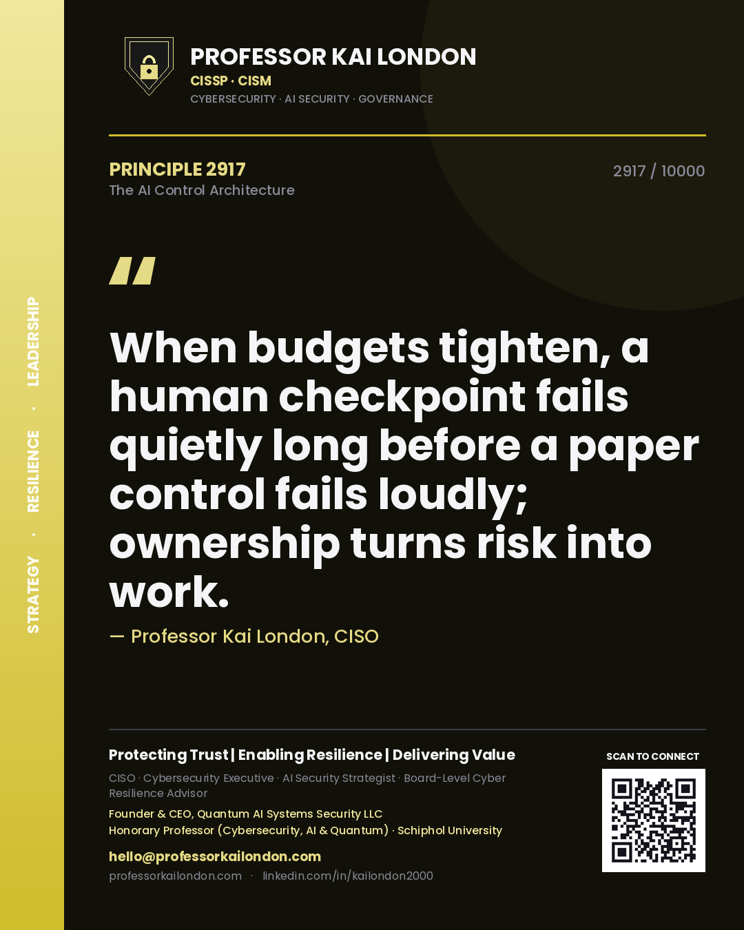 Professor Kai London principle 2917: When budgets tighten, a human checkpoint fails quietly long before a paper control fails loudly; ownership turns risk into work.