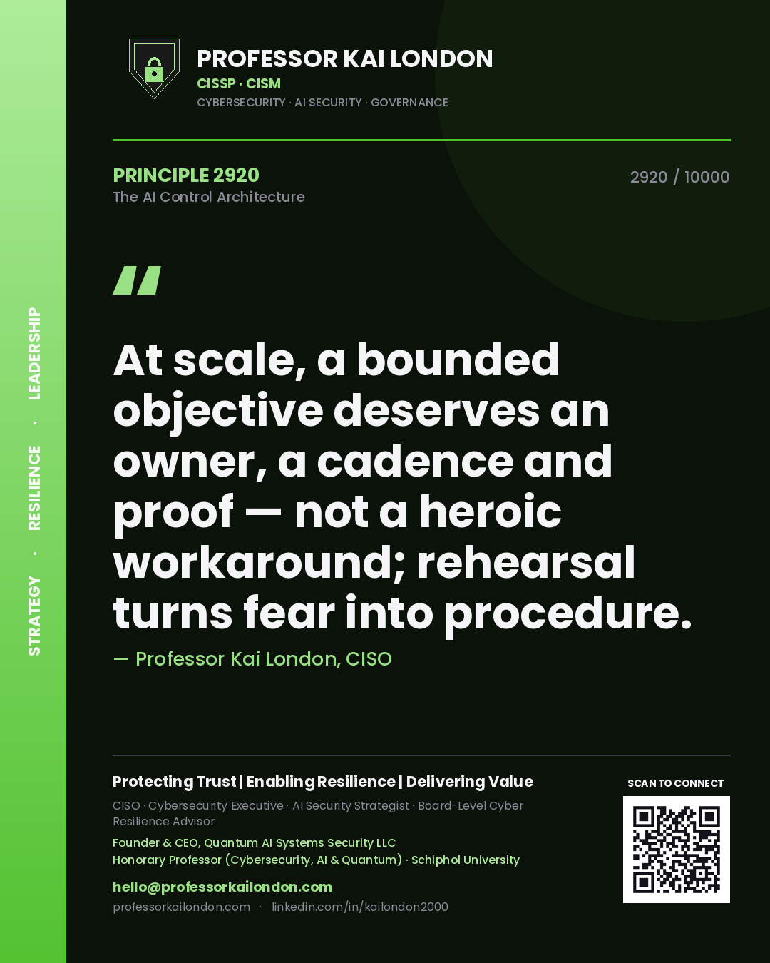 Quote card by Professor Kai London reading 'At scale, a bounded objective deserves an owner, a cadence and proof — not a heroic workaround; rehearsal turns fear into procedure.'. From the book The AI Control Architecture.