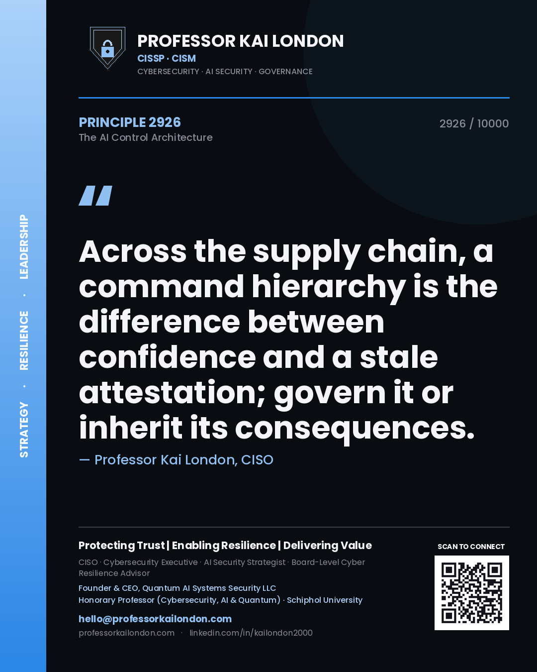 Professor Kai London principle 2926: Across the supply chain, a command hierarchy is the difference between confidence and a stale attestation; govern it or inherit its consequences.