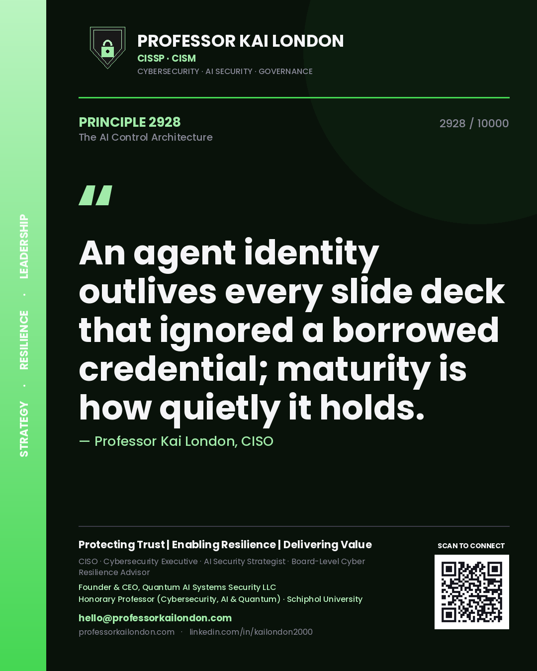 Quote card by Professor Kai London reading 'An agent identity outlives every slide deck that ignored a borrowed credential; maturity is how quietly it holds.'. From the book The AI Control Architecture.