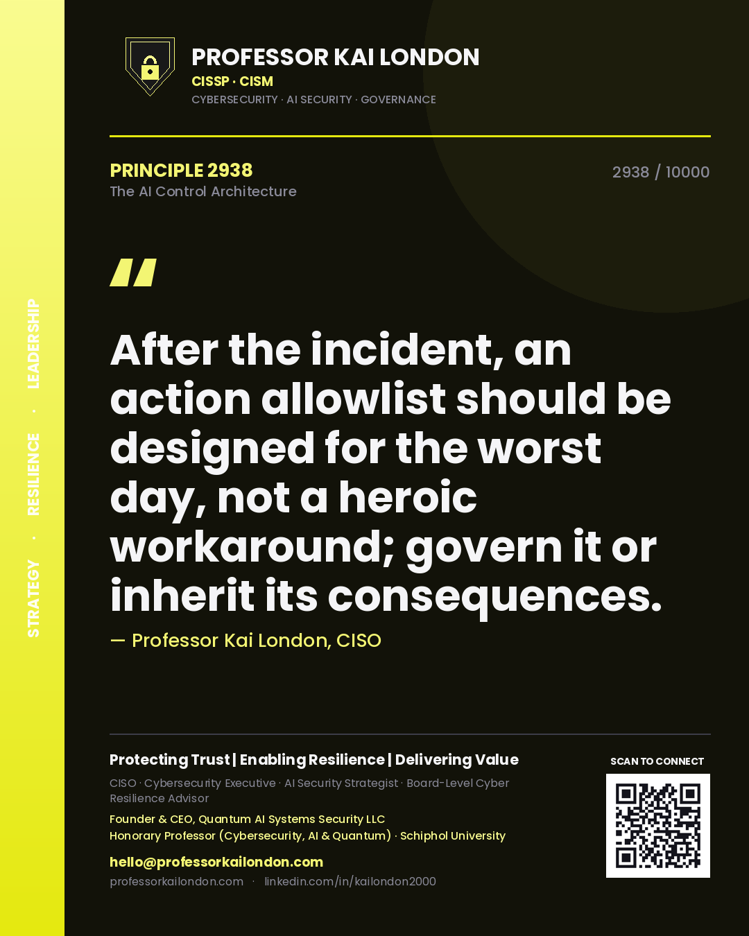 Quote card by Professor Kai London reading 'After the incident, an action allowlist should be designed for the worst day, not a heroic workaround; govern it or inherit its consequences.'. From the book The AI Control Architecture.