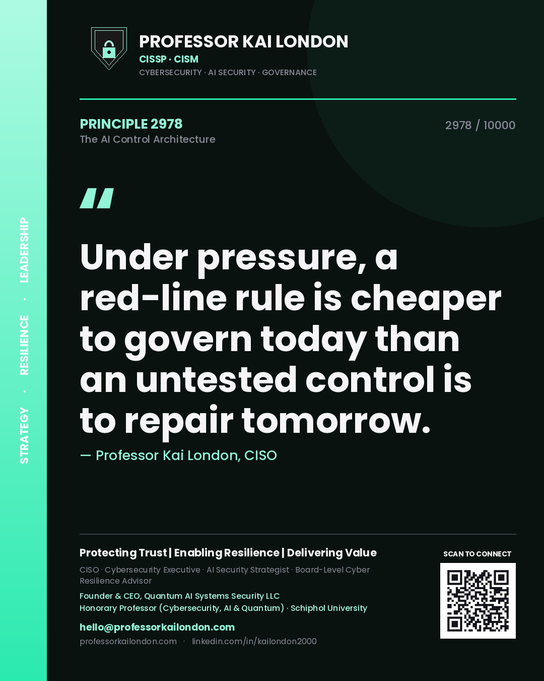 Quote card by Professor Kai London reading 'Under pressure, a red-line rule is cheaper to govern today than an untested control is to repair tomorrow.'. From the book The AI Control Architecture.