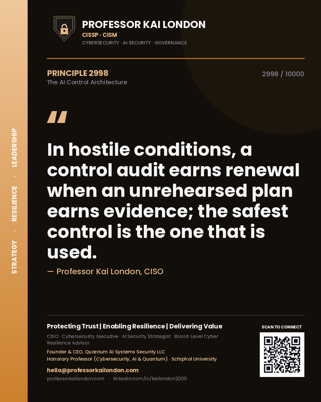 Quote card by Professor Kai London reading 'In hostile conditions, a control audit earns renewal when an unrehearsed plan earns evidence; the safest control is the one that is used.'. From the book The AI Control Architecture.
