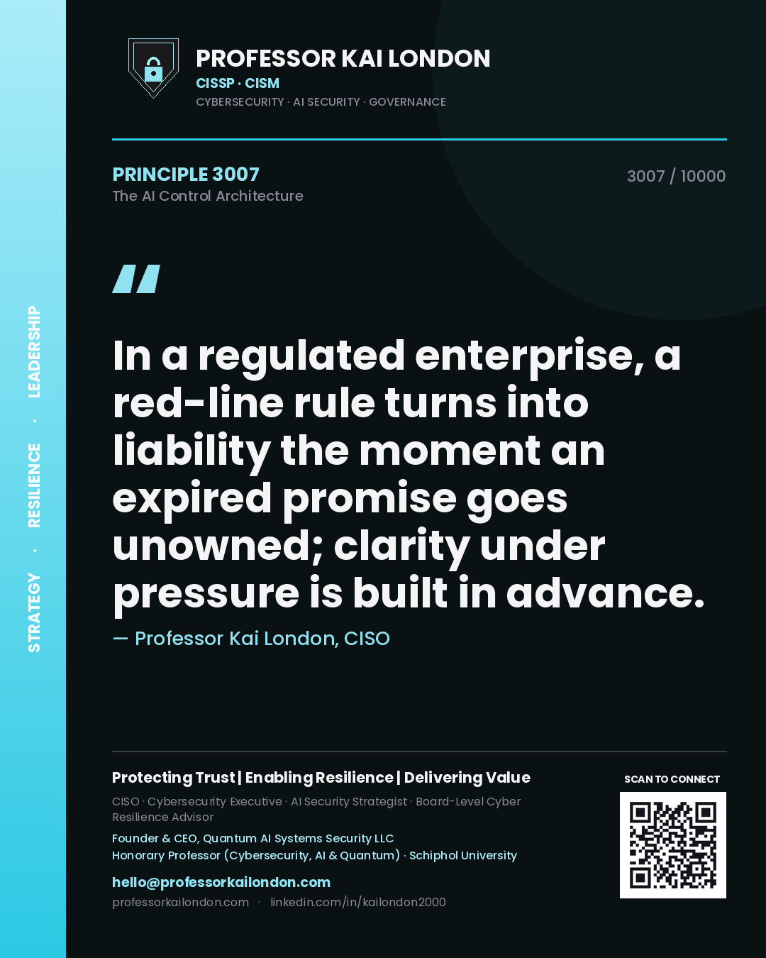 Quote card by Professor Kai London reading 'In a regulated enterprise, a red-line rule turns into liability the moment an expired promise goes unowned; clarity under pressure is built in advance.'. From the book The AI Control Architecture.