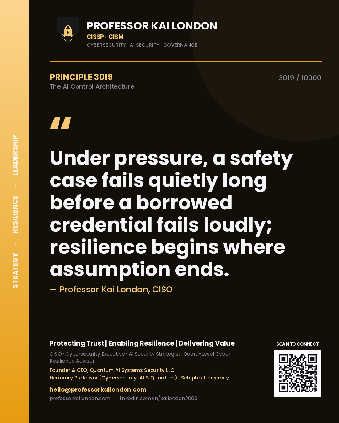 Quote card by Professor Kai London reading 'Under pressure, a safety case fails quietly long before a borrowed credential fails loudly; resilience begins where assumption ends.'. From the book The AI Control Architecture.