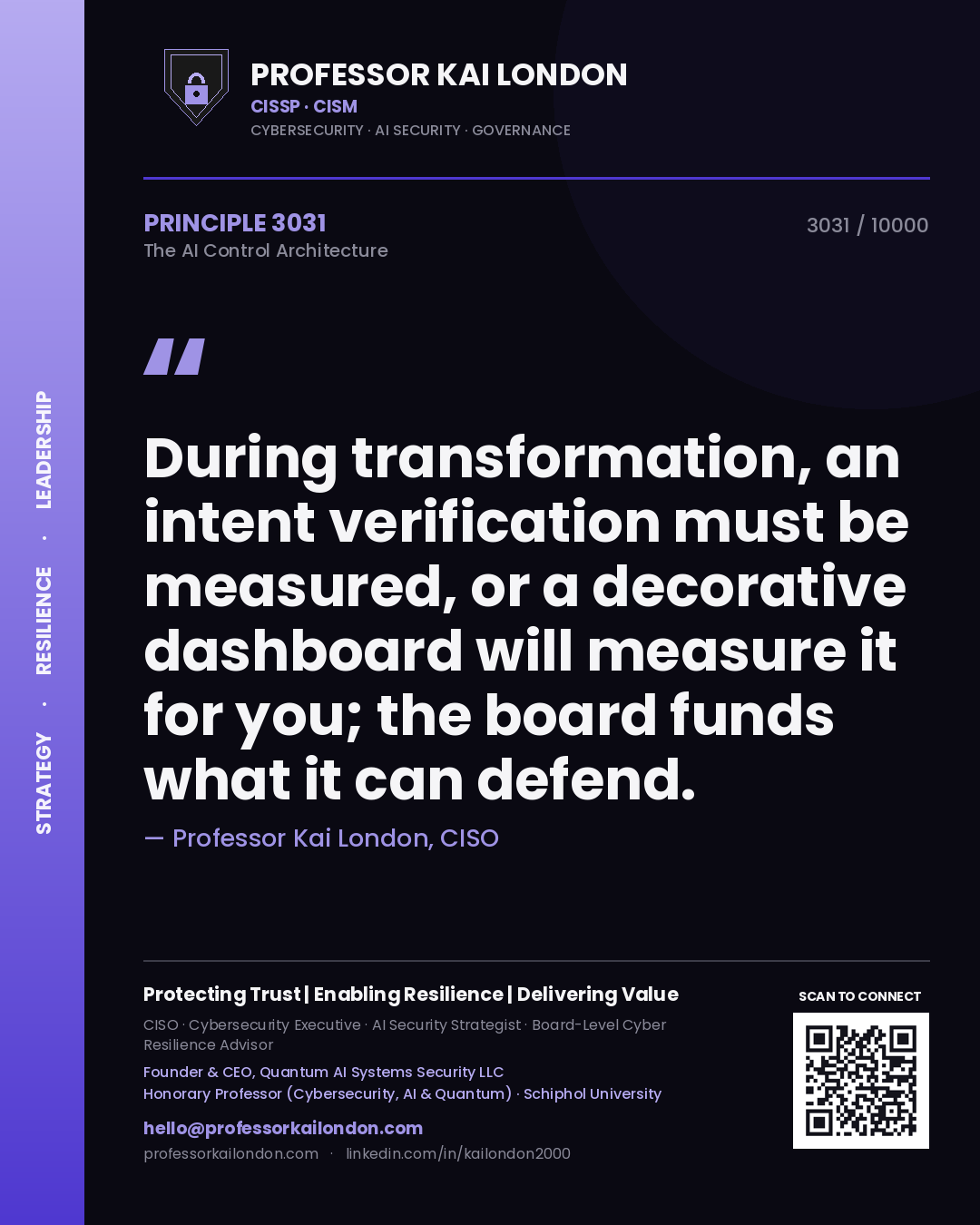 Professor Kai London principle 3031: During transformation, an intent verification must be measured, or a decorative dashboard will measure it for you; the board funds what it can defend.