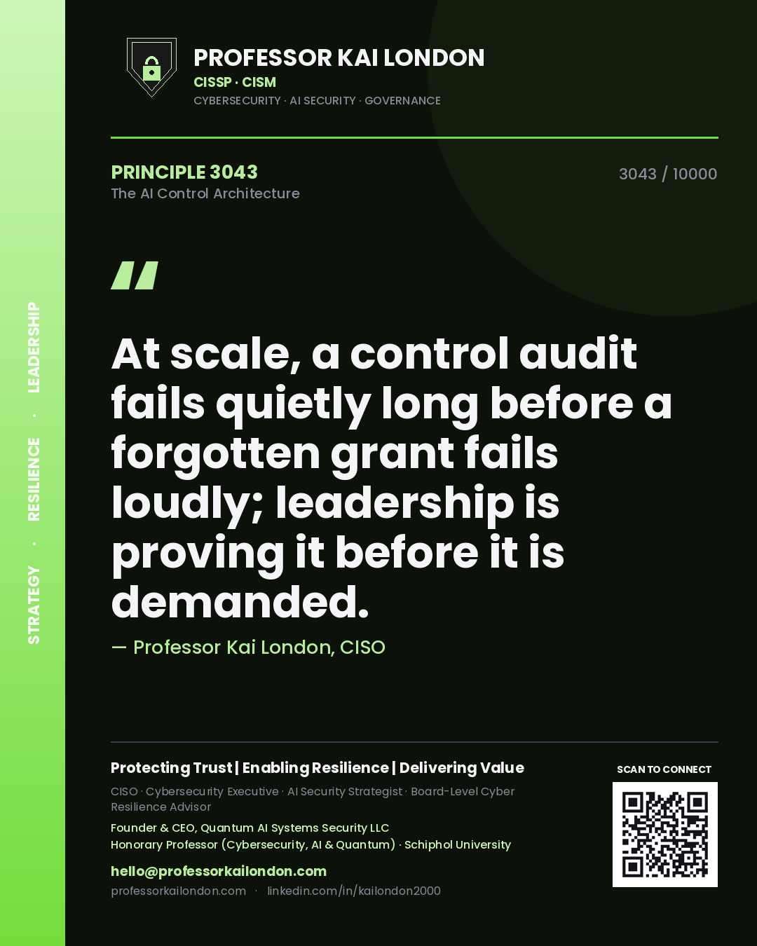 Professor Kai London principle 3043: At scale, a control audit fails quietly long before a forgotten grant fails loudly; leadership is proving it before it is demanded.