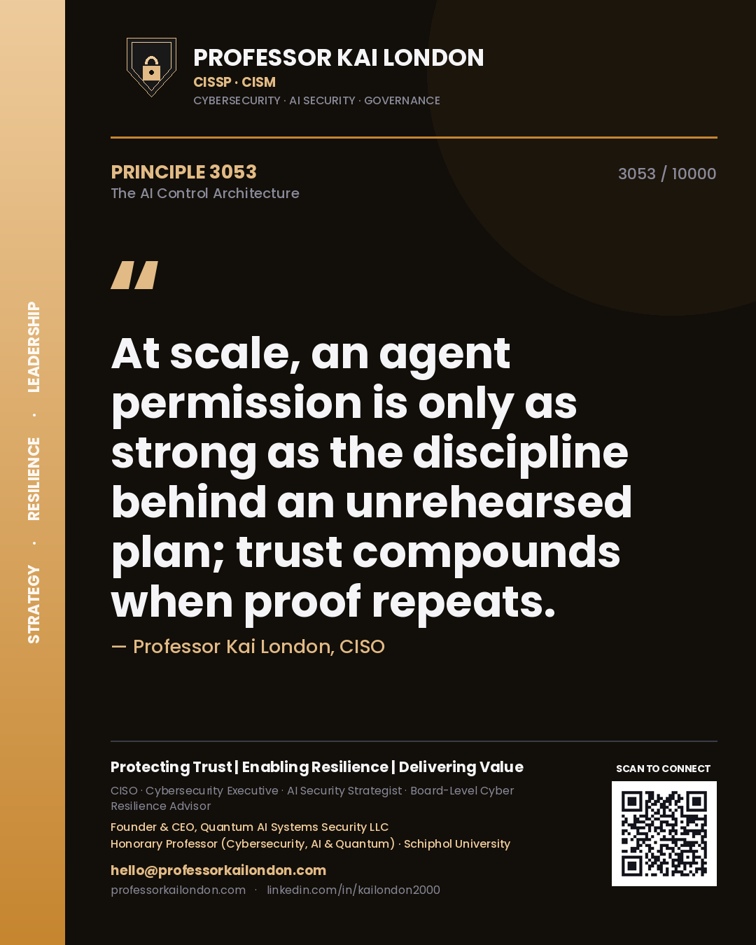 Quote card by Professor Kai London reading 'At scale, an agent permission is only as strong as the discipline behind an unrehearsed plan; trust compounds when proof repeats.'. From the book The AI Control Architecture.