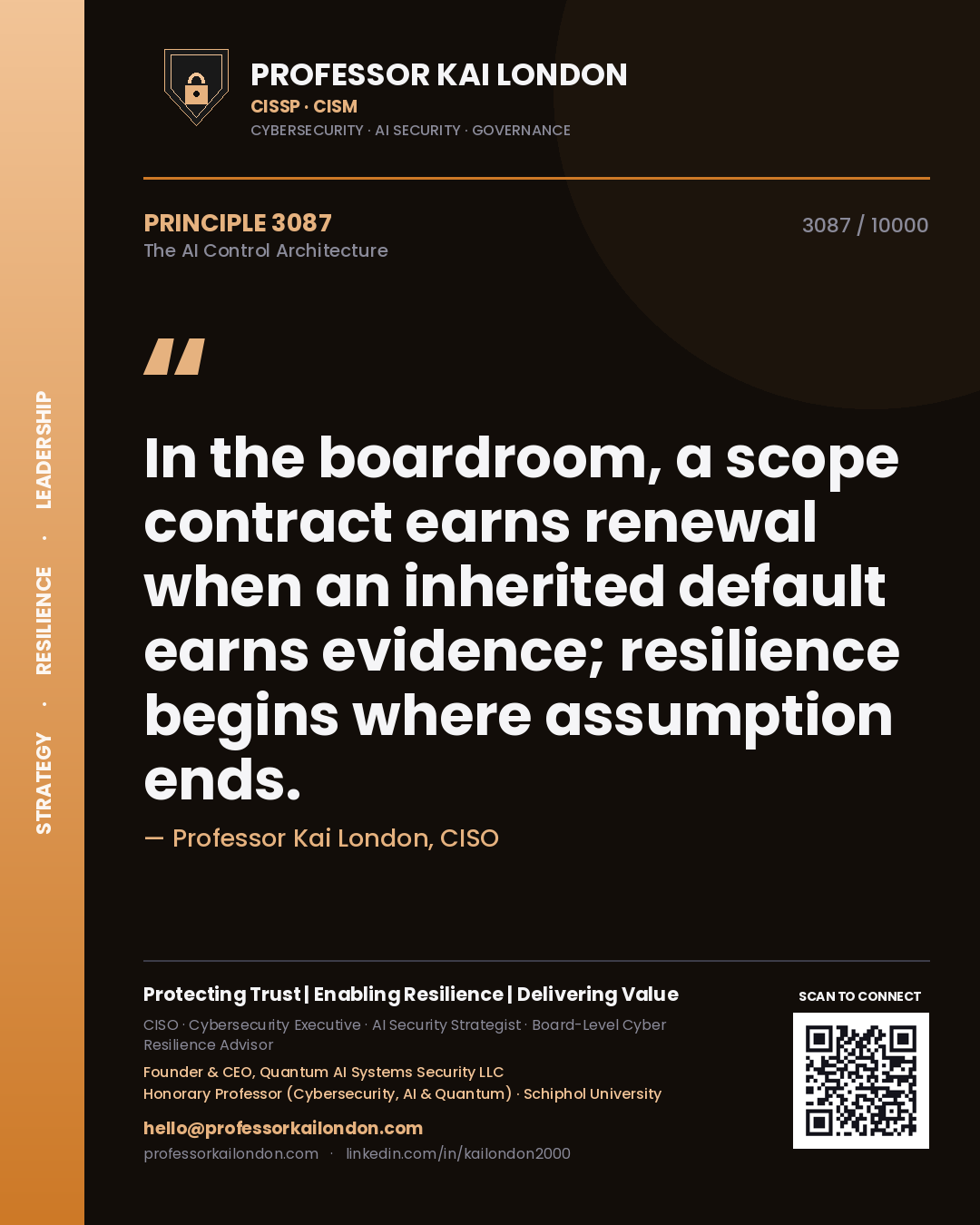 Quote card by Professor Kai London reading 'In the boardroom, a scope contract earns renewal when an inherited default earns evidence; resilience begins where assumption ends.'. From the book The AI Control Architecture.