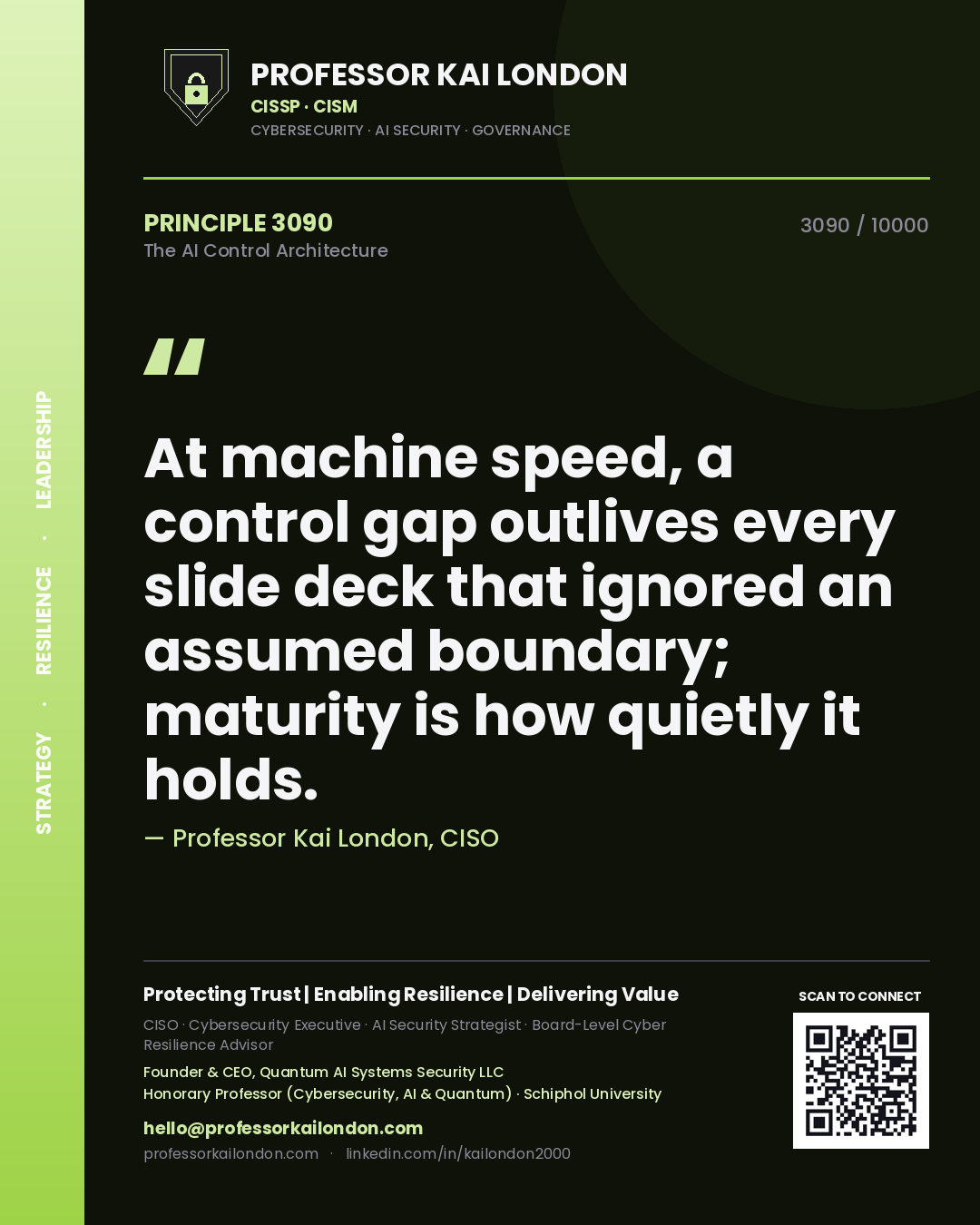 Quote card by Professor Kai London reading 'At machine speed, a control gap outlives every slide deck that ignored an assumed boundary; maturity is how quietly it holds.'. From the book The AI Control Architecture.