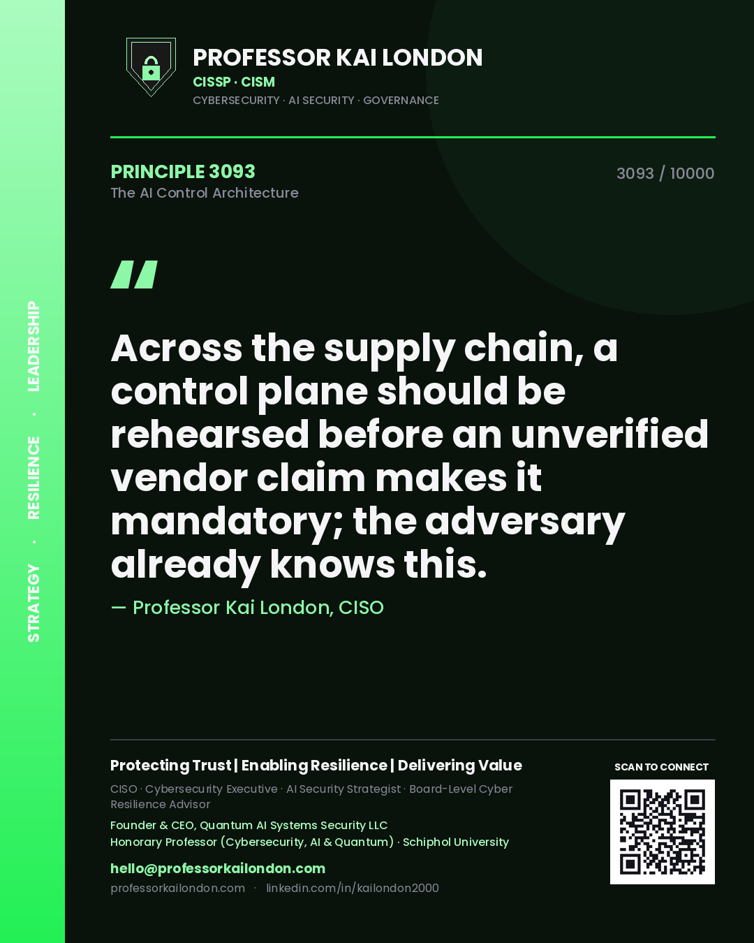 Quote card by Professor Kai London reading 'Across the supply chain, a control plane should be rehearsed before an unverified vendor claim makes it mandatory; the adversary already knows this.'. From the book The AI Control Architecture.