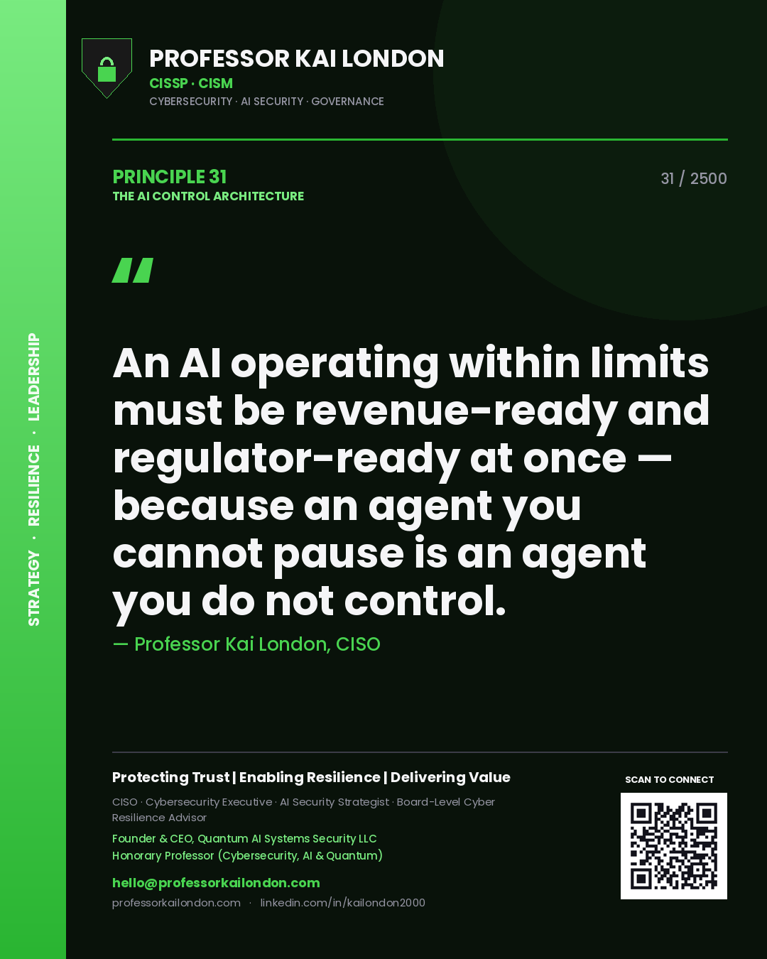 Quote card by Professor Kai London reading 'An AI operating within limits must be revenue-ready and regulator-ready at once — because an agent you cannot pause is an agent you do not control.'. From the book The AI Control Architecture.