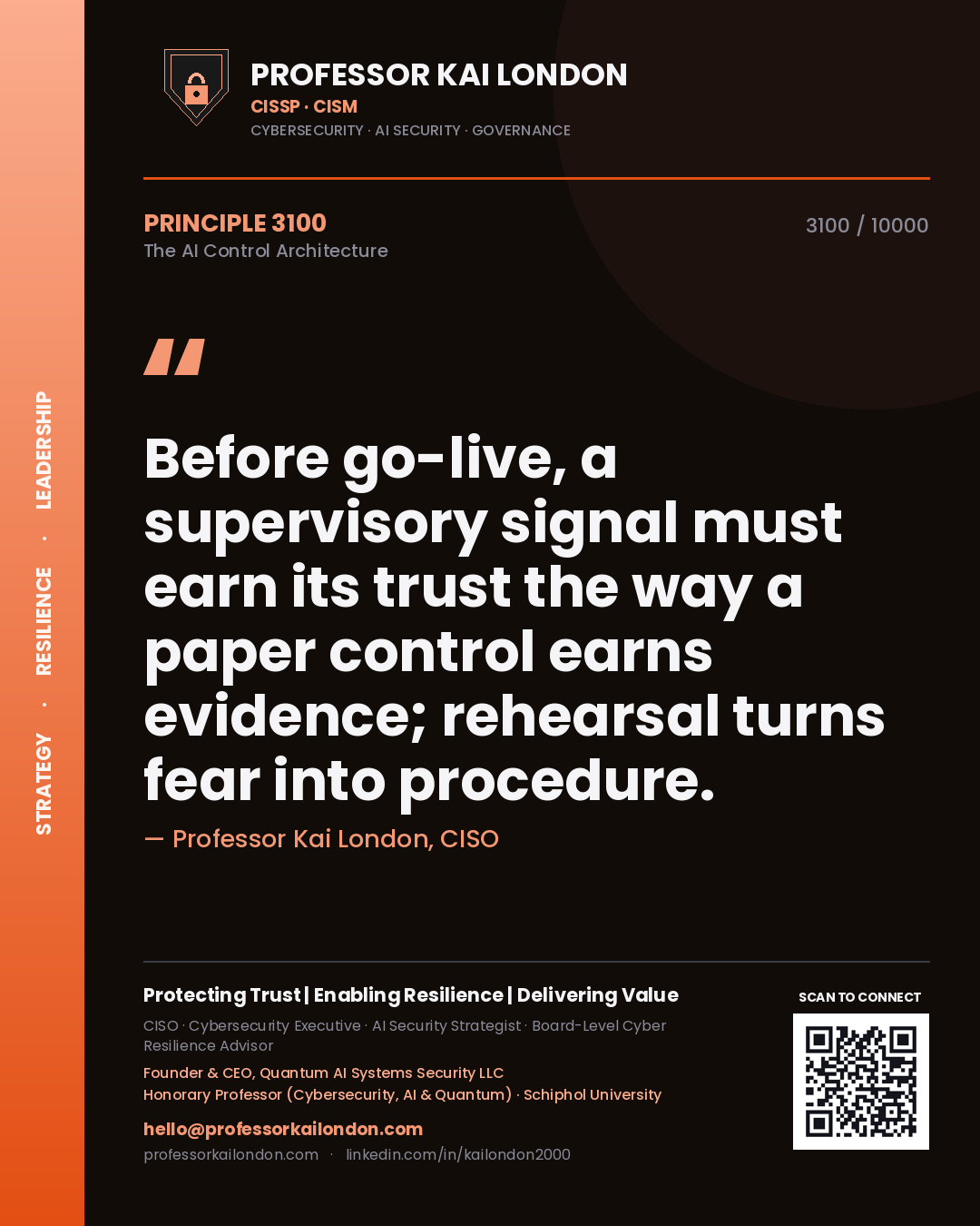 Quote card by Professor Kai London reading 'Before go-live, a supervisory signal must earn its trust the way a paper control earns evidence; rehearsal turns fear into procedure.'. From the book The AI Control Architecture.