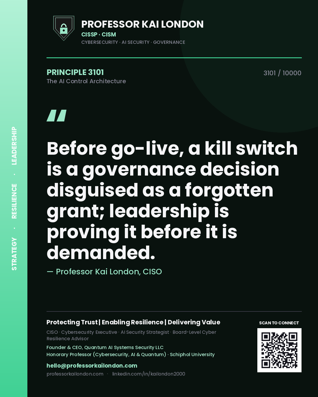 Quote card by Professor Kai London reading 'Before go-live, a kill switch is a governance decision disguised as a forgotten grant; leadership is proving it before it is demanded.'. From the book The AI Control Architecture.