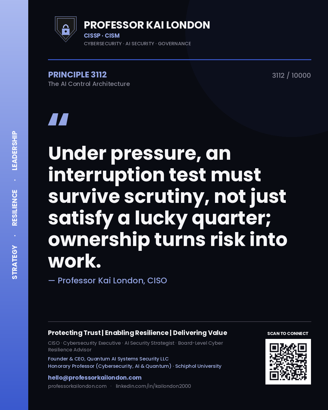 Professor Kai London principle 3112: Under pressure, an interruption test must survive scrutiny, not just satisfy a lucky quarter; ownership turns risk into work.