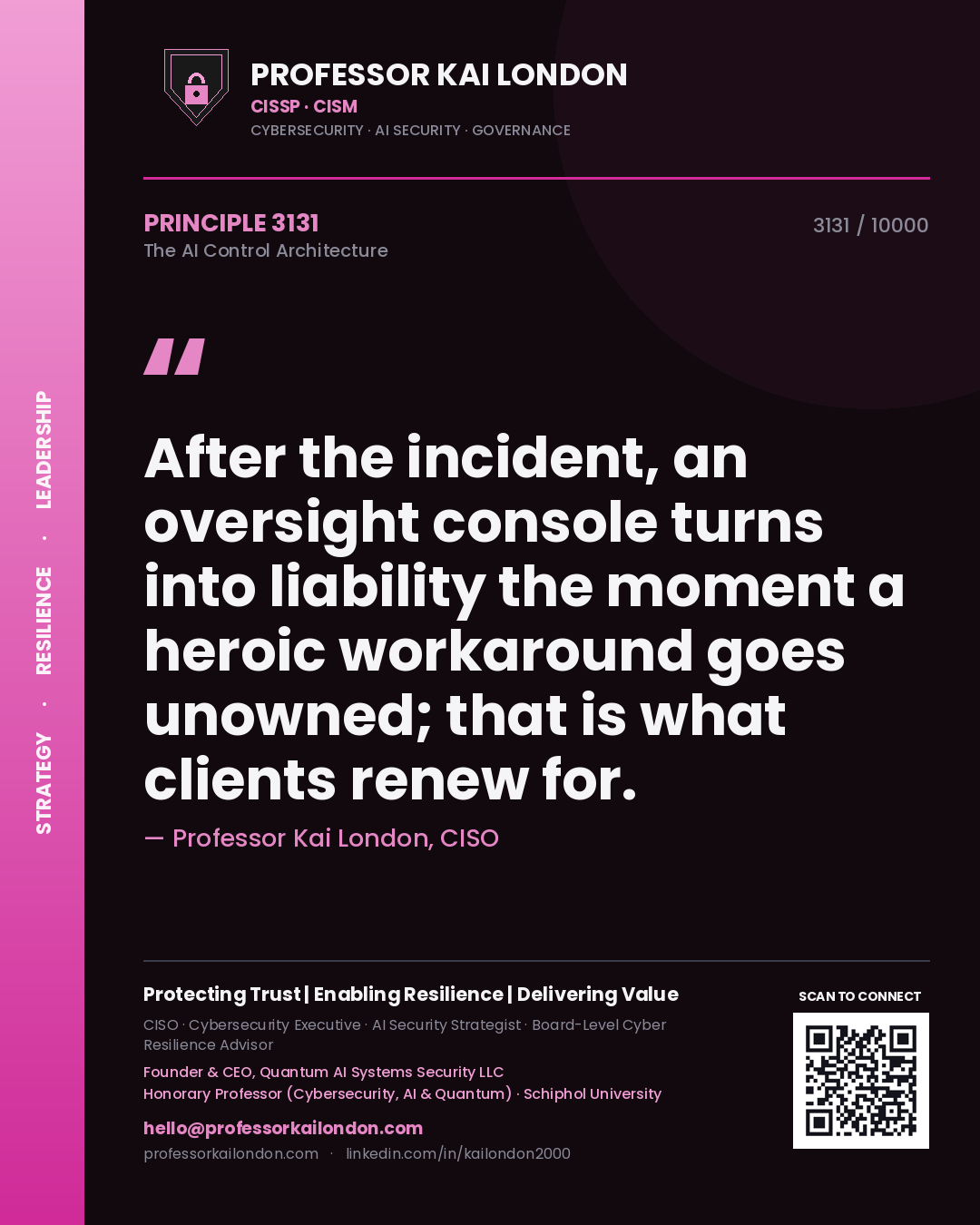 Quote card by Professor Kai London reading 'After the incident, an oversight console turns into liability the moment a heroic workaround goes unowned; that is what clients renew for.'. From the book The AI Control Architecture.